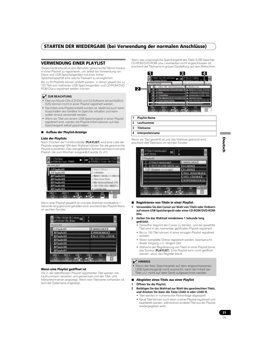 Pioneer MEP-7000 operating instructions Verwendung Einer Playlist,  Aufbau der Playlist-Anzeige Liste der Playlists 