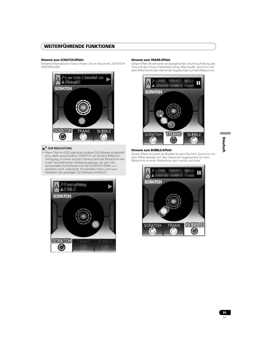 Pioneer MEP-7000 Hinweis zum SCRATCH-Effekt, Hinweis zum TRANS-Effekt, Hinweis zum BUBBLE-Effekt, Wiedergabe 