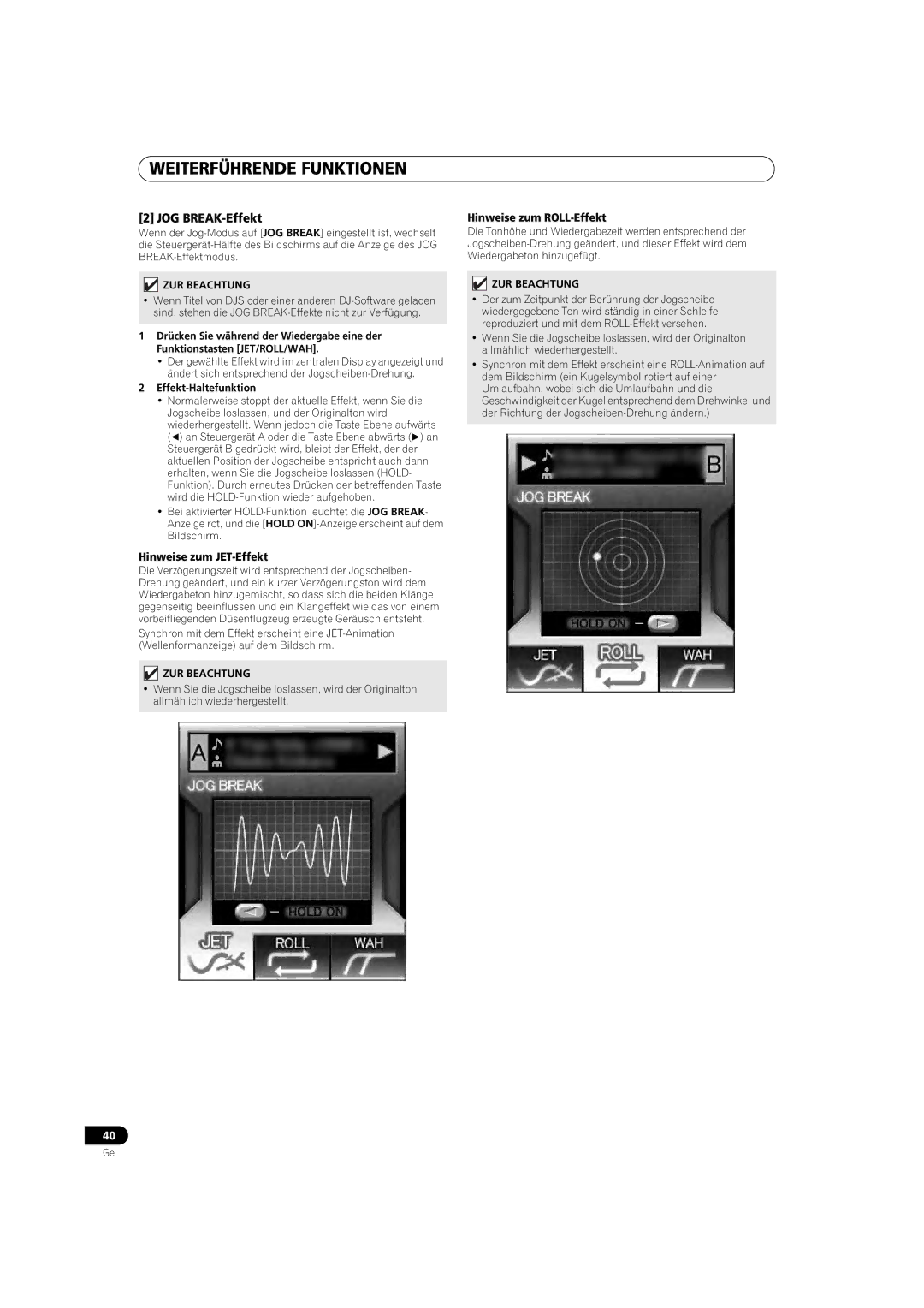 Pioneer MEP-7000 JOG BREAK-Effekt, Hinweise zum JET-Effekt, Hinweise zum ROLL-Effekt, Effekt-Haltefunktion 