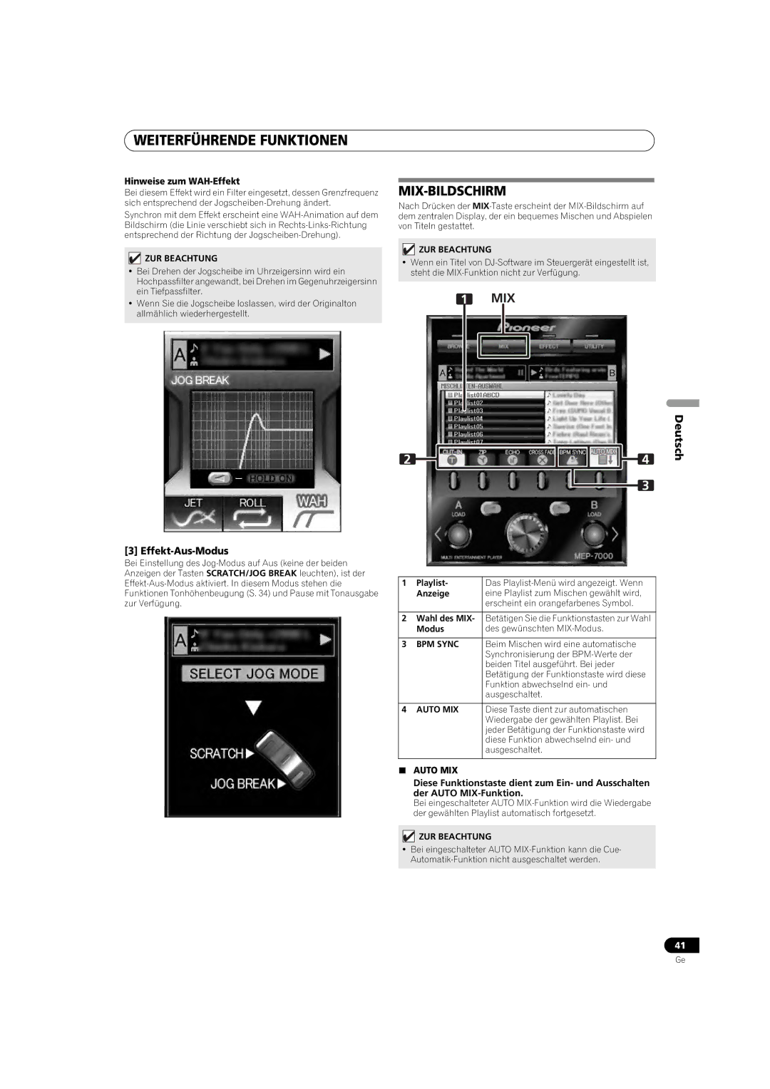 Pioneer MEP-7000 operating instructions Mix-Bildschirm, Effekt-Aus-Modus, Hinweise zum WAH-Effekt 