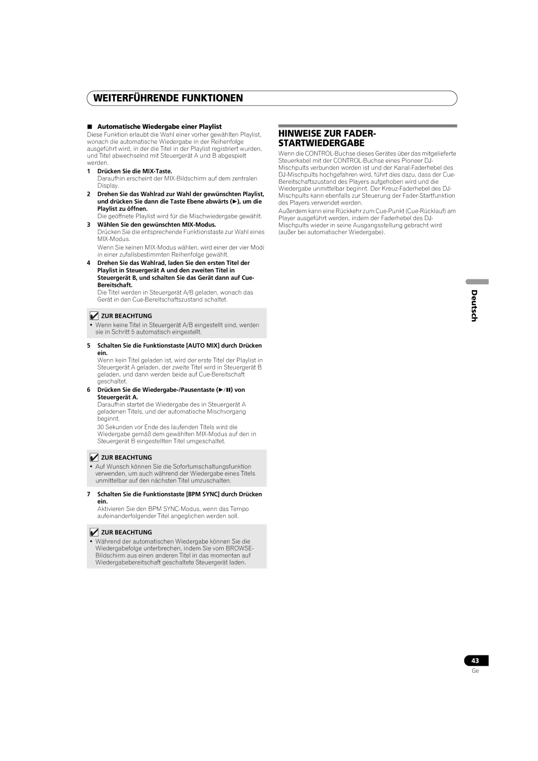 Pioneer MEP-7000 operating instructions Hinweise ZUR Fader Startwiedergabe,  Automatische Wiedergabe einer Playlist 