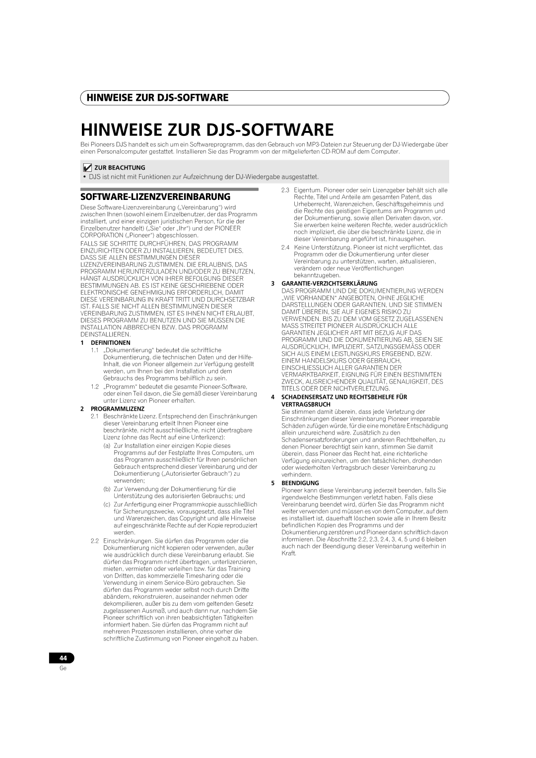 Pioneer MEP-7000 operating instructions Hinweise ZUR DJS-SOFTWARE, Software-Lizenzvereinbarung 