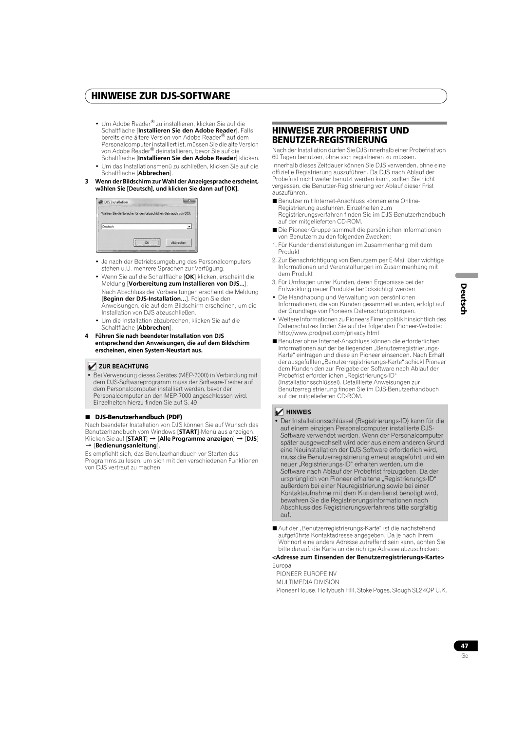 Pioneer MEP-7000 operating instructions  Bedienungsanleitung, Adresse zum Einsenden der Benutzerregistrierungs-Karte 