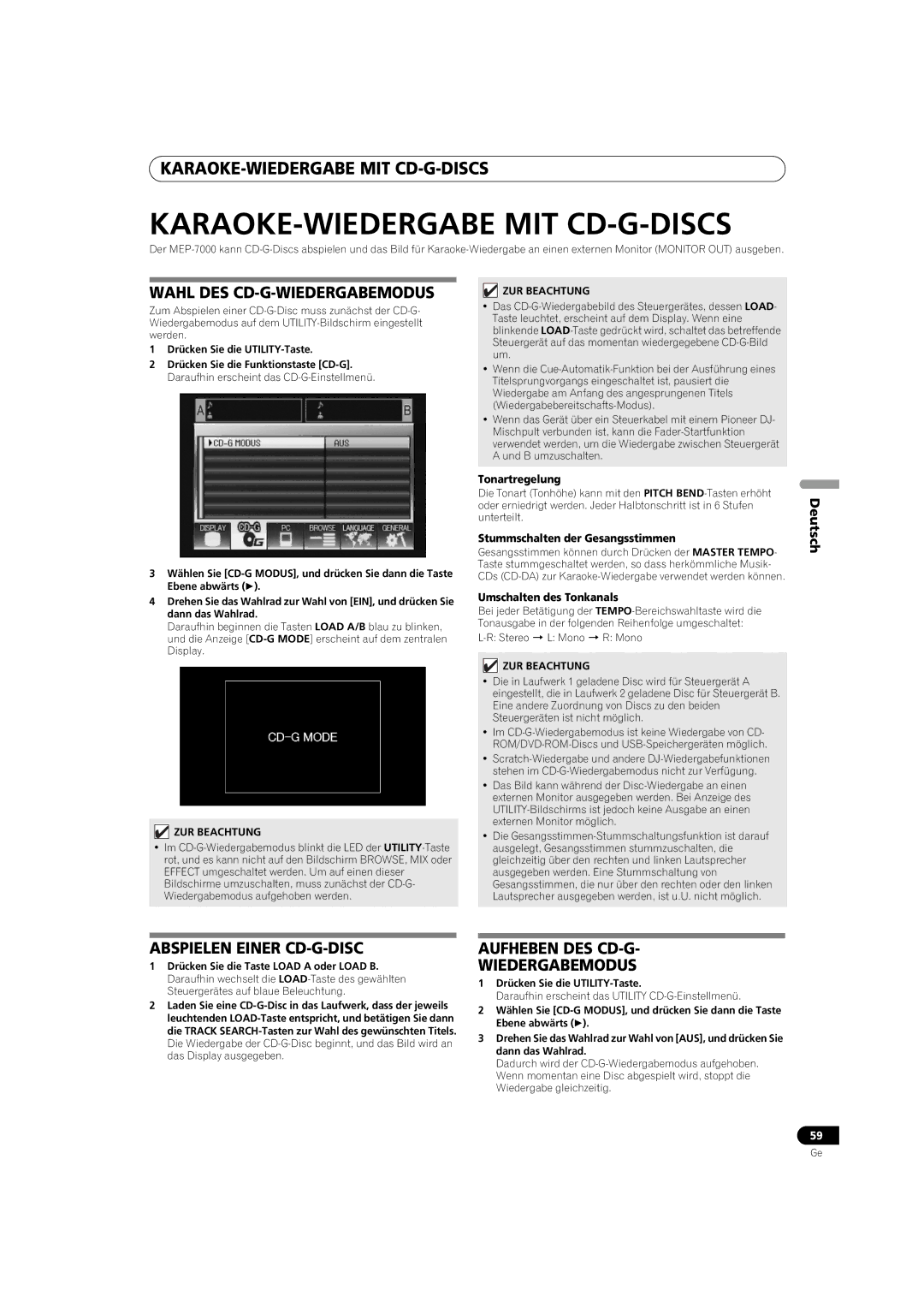 Pioneer MEP-7000 Karaoke-Wiedergabe Mit Cd-G-Discs, Wahl DES CD-G-WIEDERGABEMODUS, Abspielen Einer CD-G-DISC 