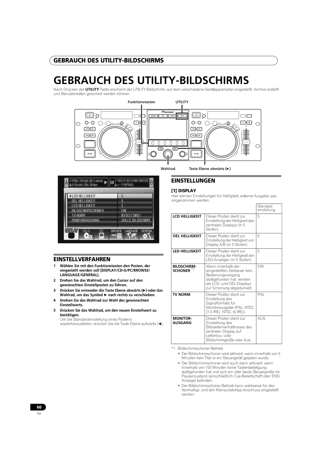 Pioneer MEP-7000 operating instructions Gebrauch DES UTILITY-BILDSCHIRMS, Einstellverfahren, Einstellungen 