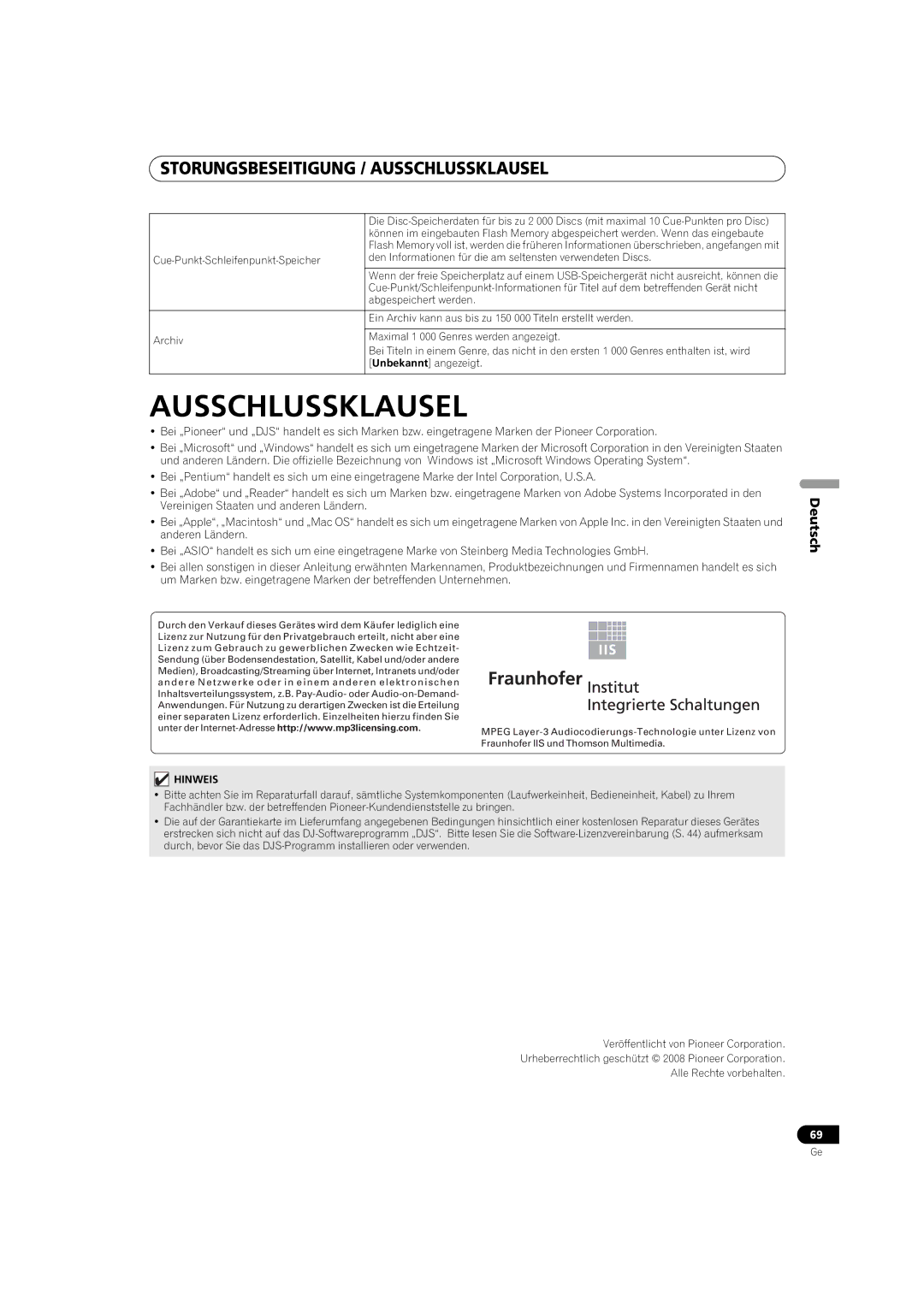 Pioneer MEP-7000 operating instructions Storungsbeseitigung / Ausschlussklausel 