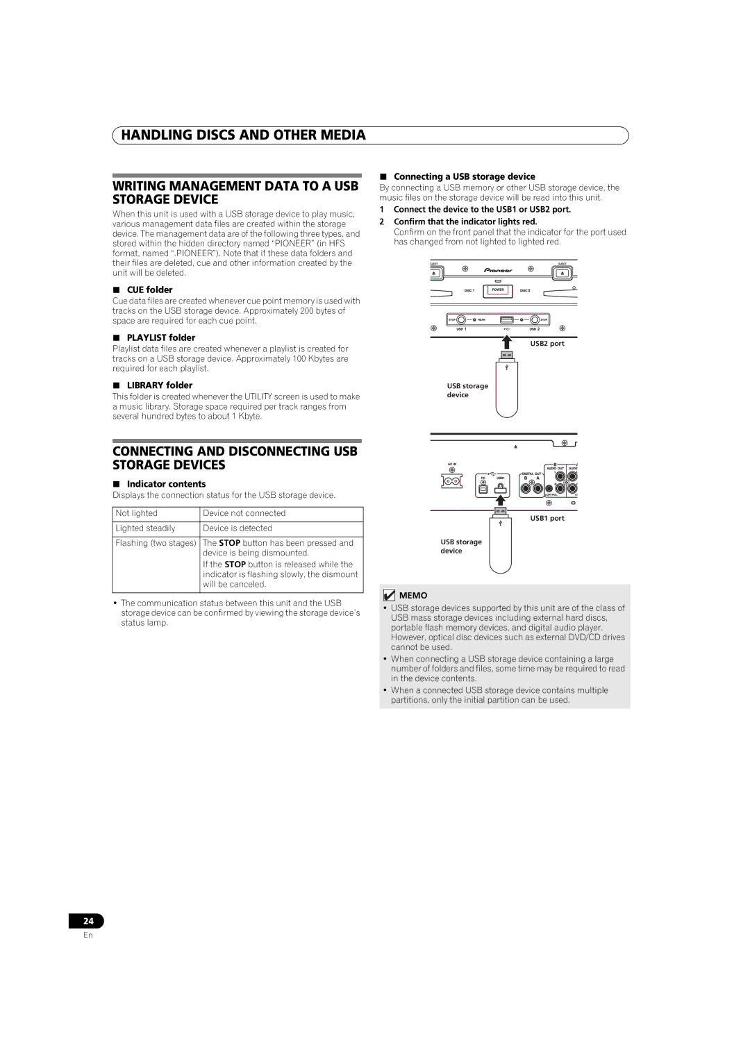 Pioneer MEP-7000 Writing Management Data to a USB Storage Device, Connecting and Disconnecting USB Storage Devices 