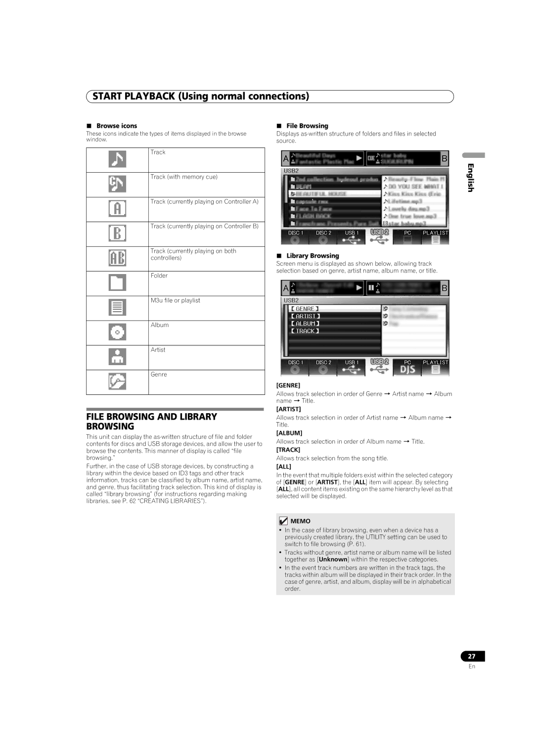 Pioneer MEP-7000 operating instructions File Browsing and Library,  Browse icons  File Browsing,  Library Browsing 