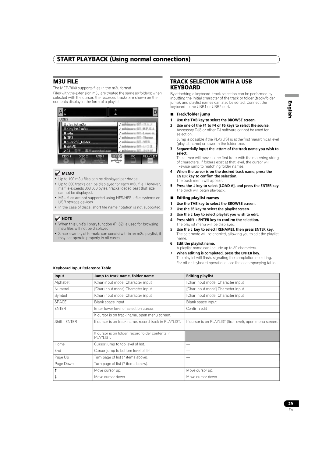 Pioneer MEP-7000 M3U File, Track Selection with a USB Keyboard,  Track/folder jump,  Editing playlist names 