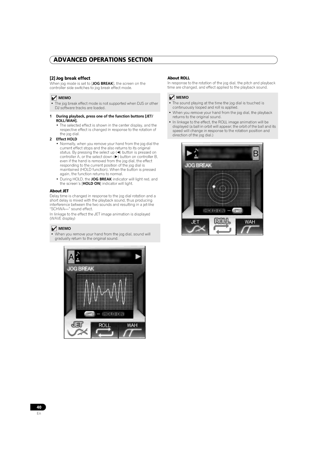 Pioneer MEP-7000 operating instructions Jog break effect, About JET, About Roll, Effect Hold 