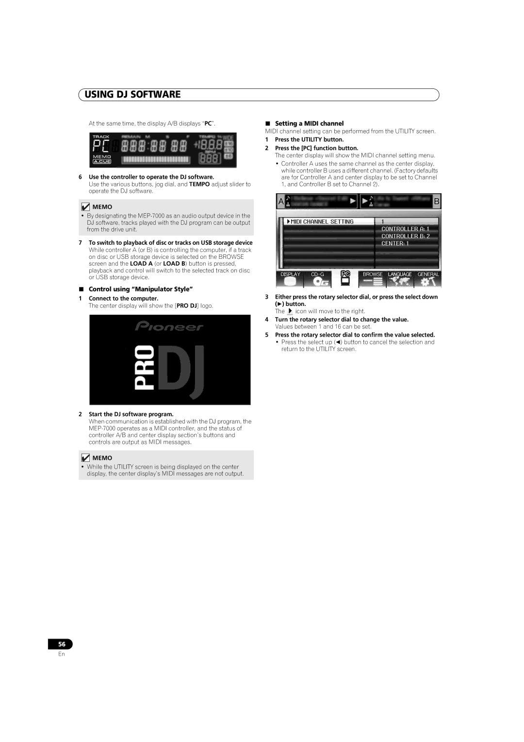 Pioneer MEP-7000 operating instructions  Setting a Midi channel, Press the Utility button Press the PC function button 