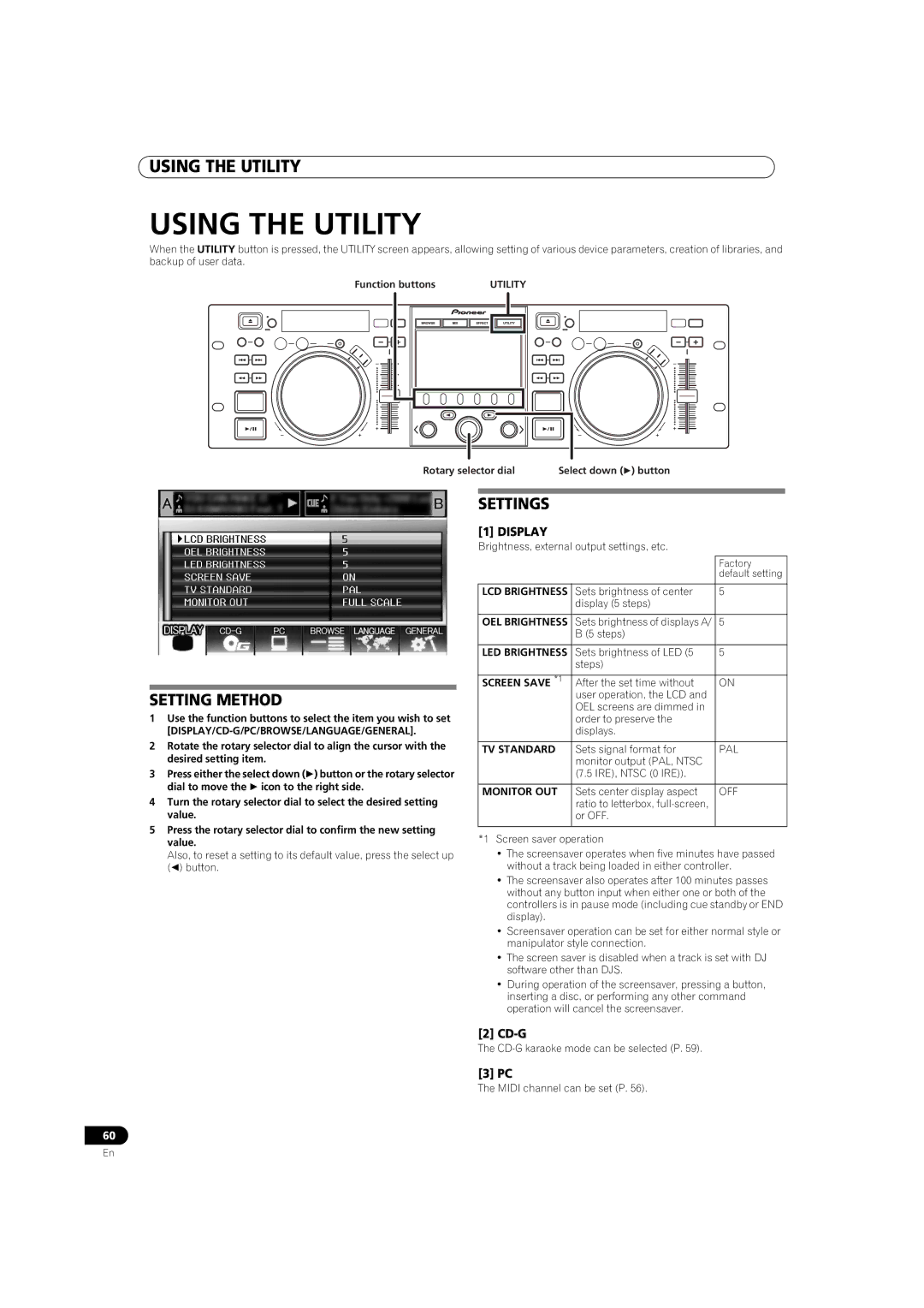 Pioneer MEP-7000 operating instructions Using the Utility, Setting Method, Settings, Cd-G 