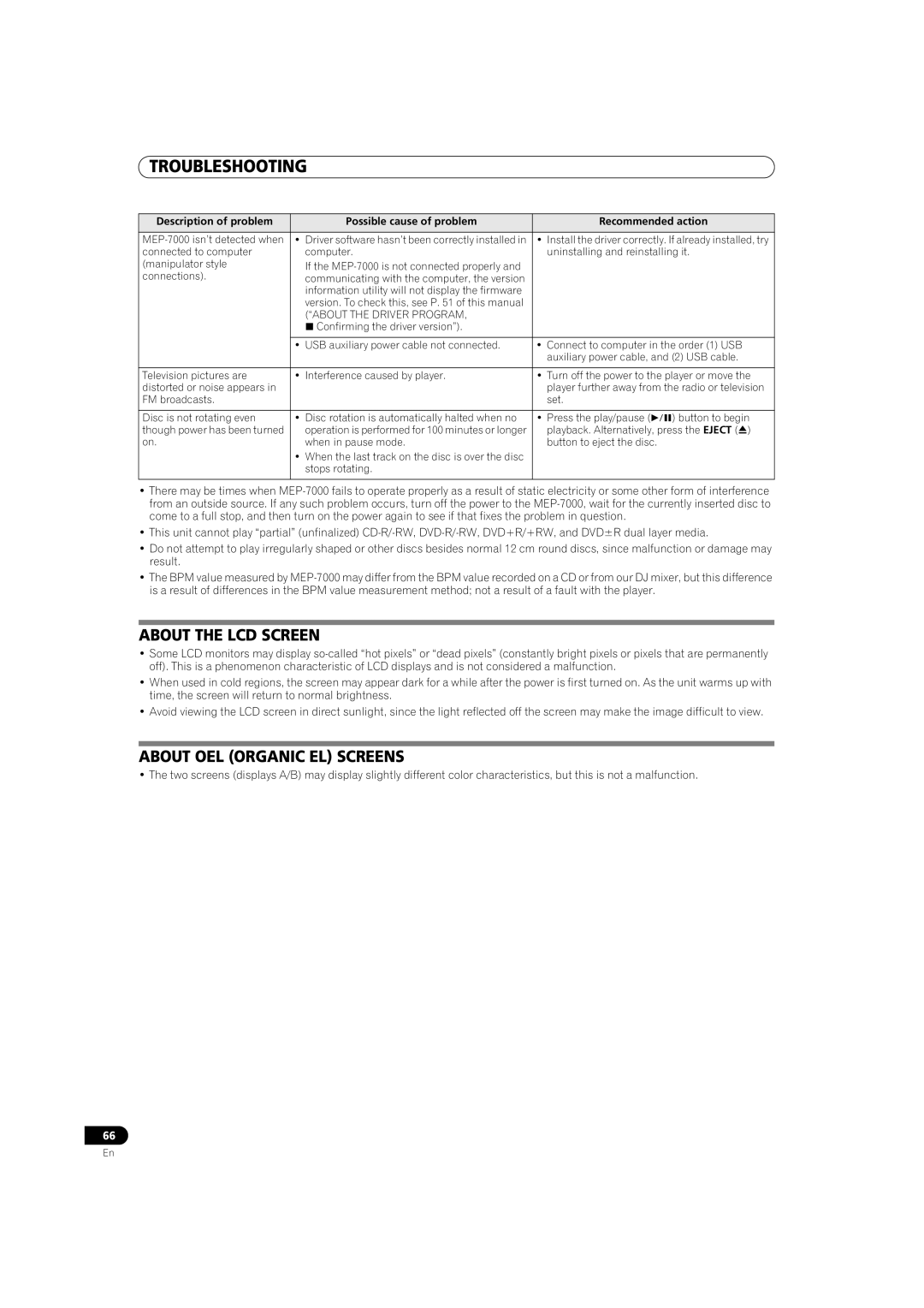 Pioneer MEP-7000 operating instructions About the LCD Screen, About OEL Organic EL Screens 