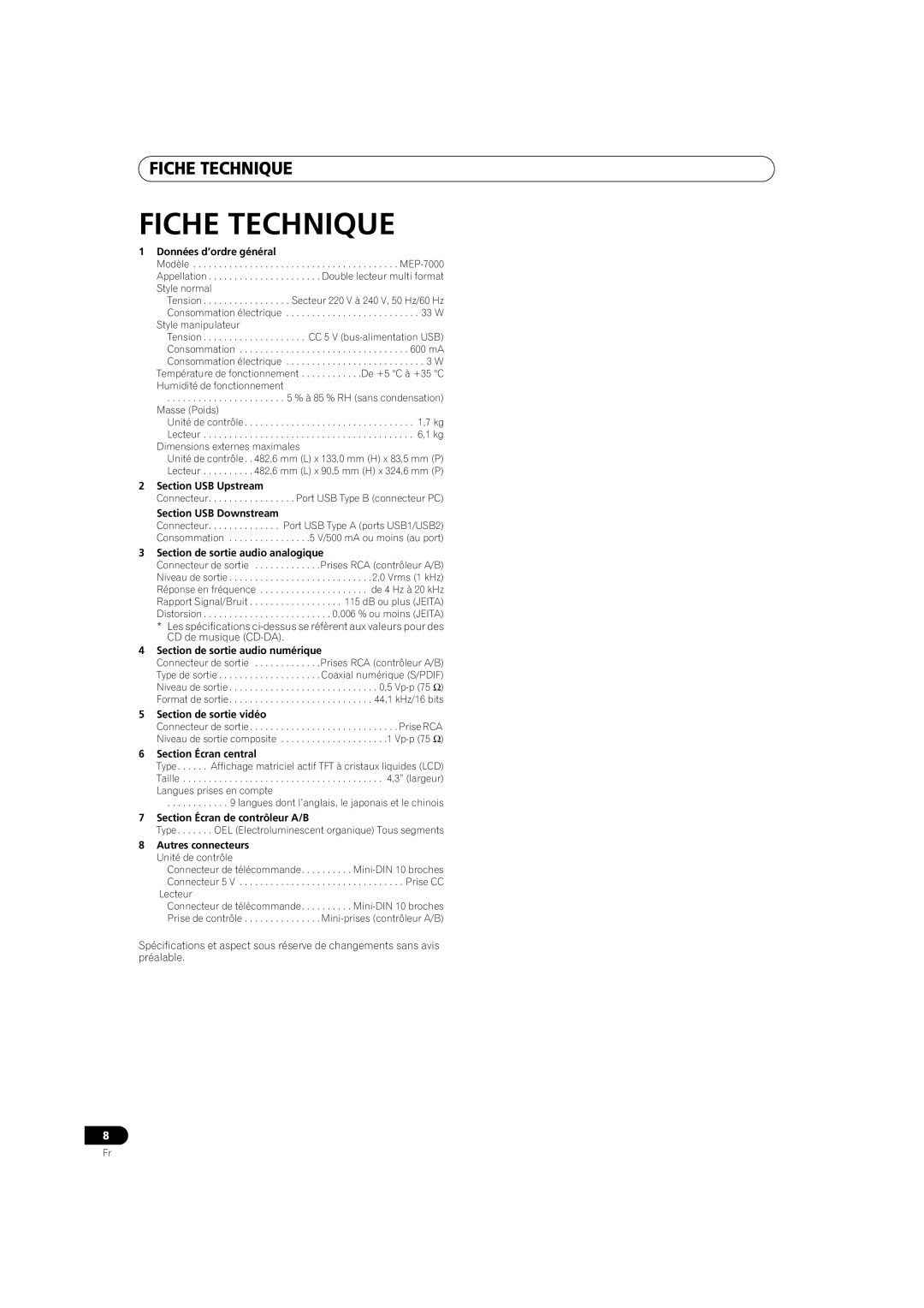 Pioneer MEP-7000 operating instructions Fiche Technique 