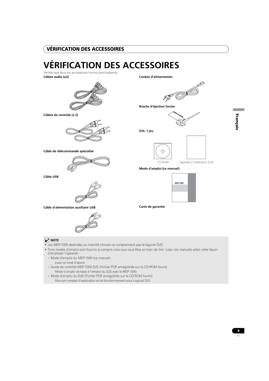 Pioneer MEP-7000 Vérification DES Accessoires, Câbles audio Cordon d’alimentation, Mode d’emploi ce manuel Câble USB 