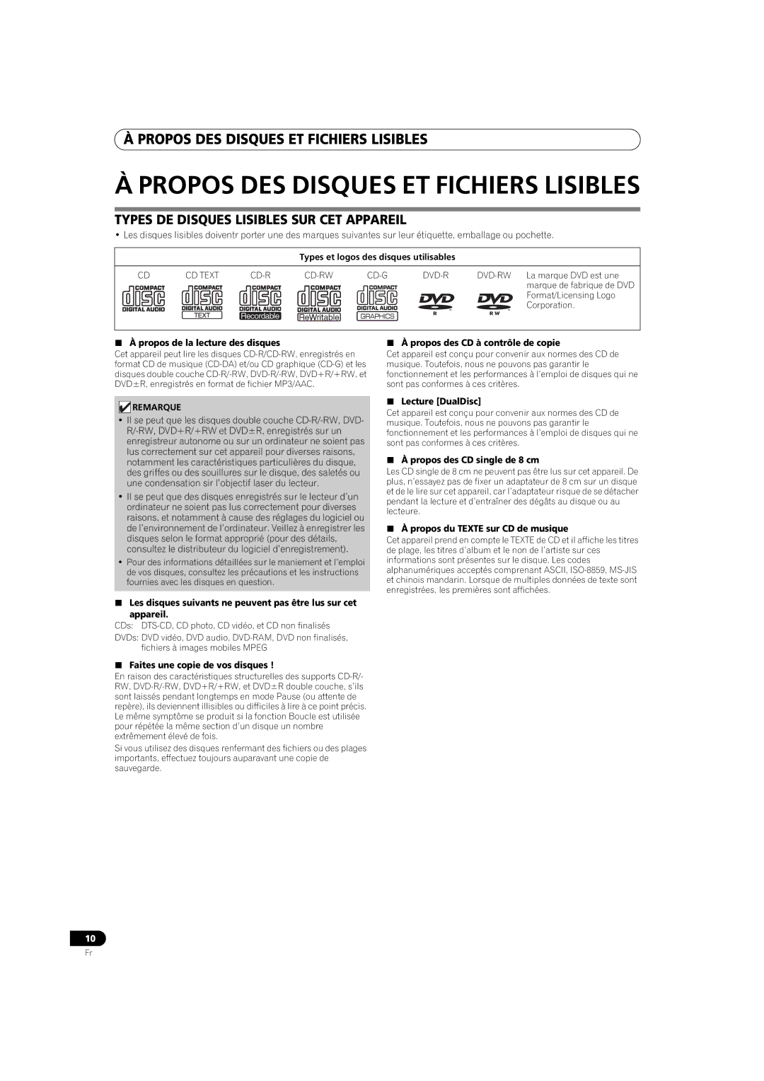 Pioneer MEP-7000 operating instructions Types DE Disques Lisibles SUR CET Appareil 