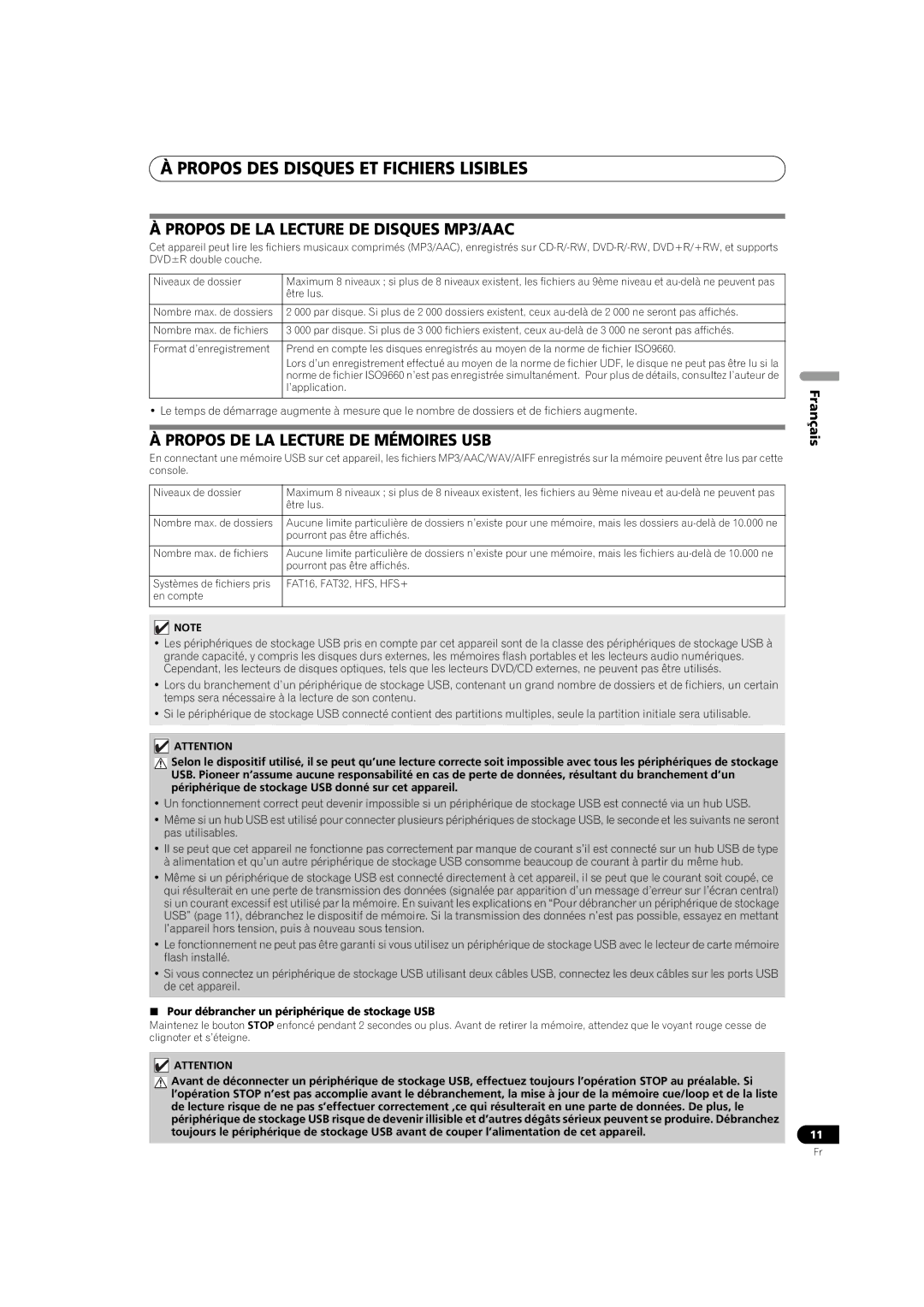 Pioneer MEP-7000 operating instructions Propos DE LA Lecture DE Disques MP3/AAC, Propos DE LA Lecture DE Mémoires USB 