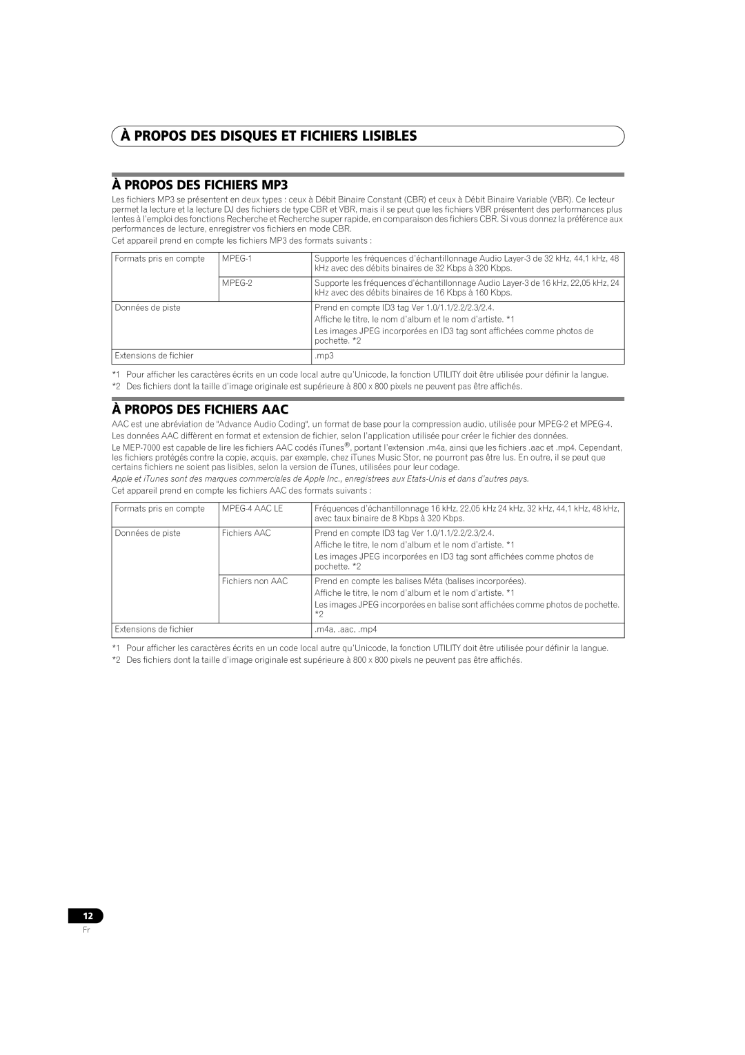 Pioneer MEP-7000 operating instructions Propos DES Fichiers MP3, Propos DES Fichiers AAC 