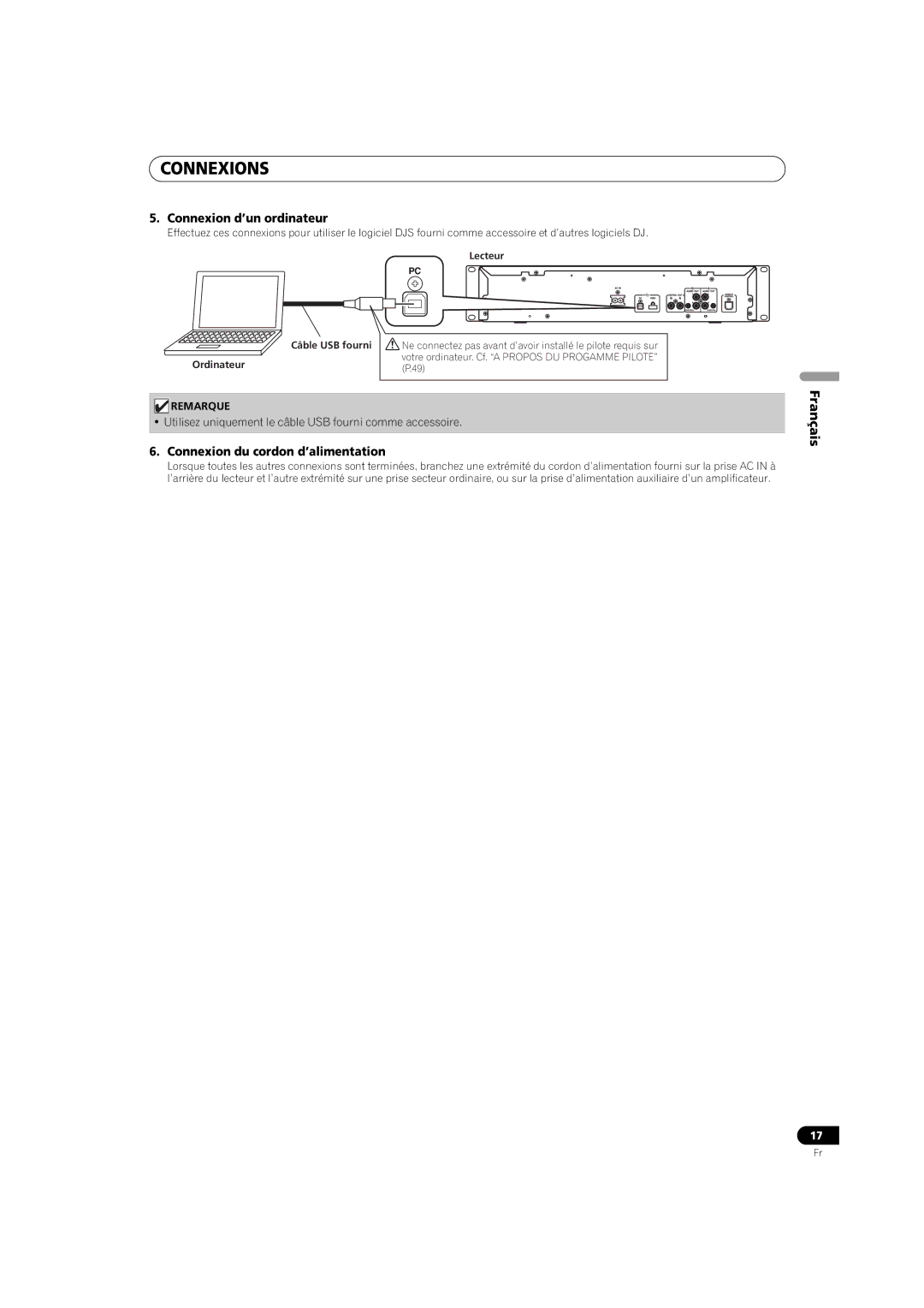 Pioneer MEP-7000 Connexion d’un ordinateur, Connexion du cordon d’alimentation, Lecteur Câble USB fourni, Ordinateur 