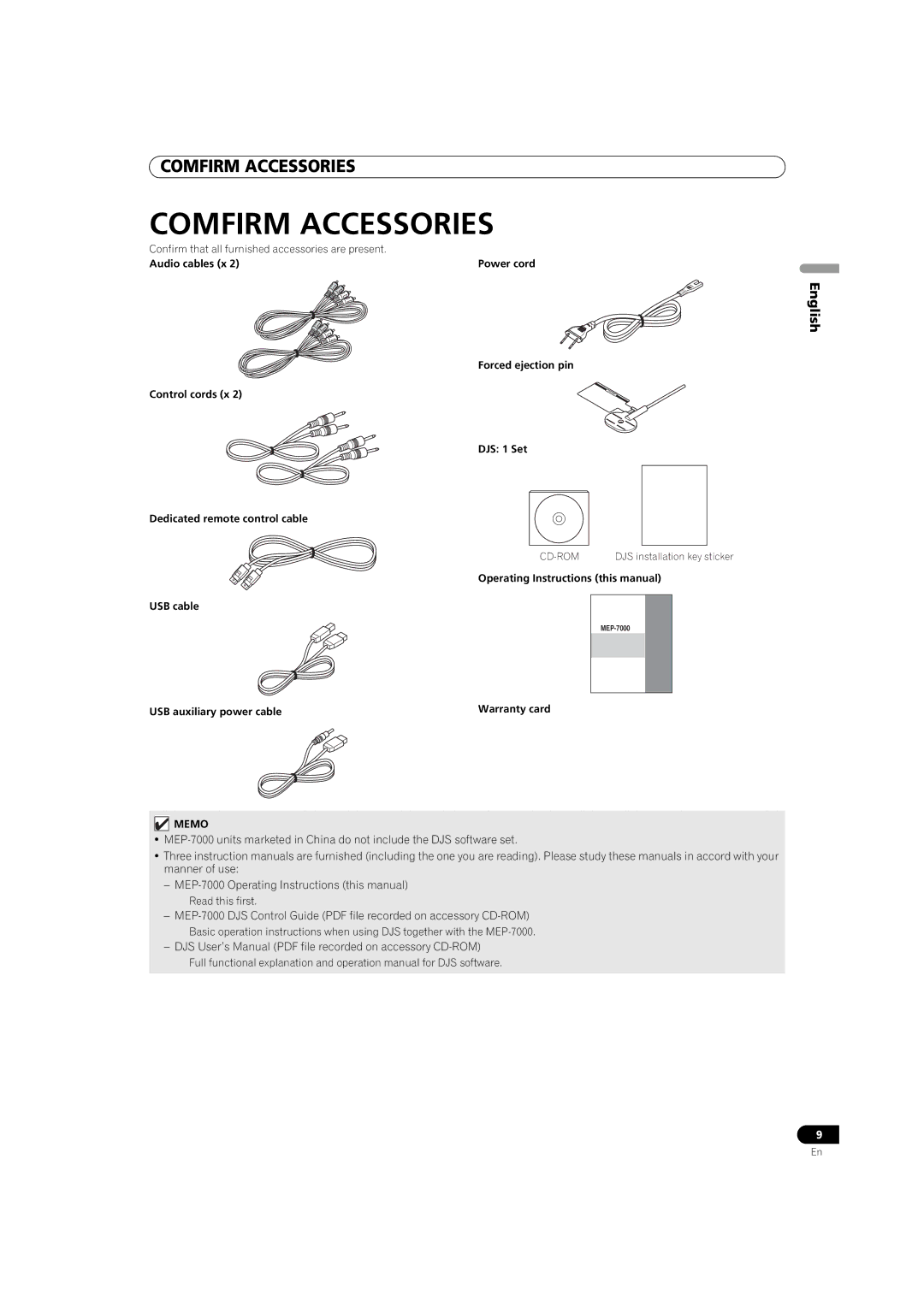 Pioneer MEP-7000 operating instructions Comfirm Accessories, Cd-Rom, Operating Instructions this manual USB cable 