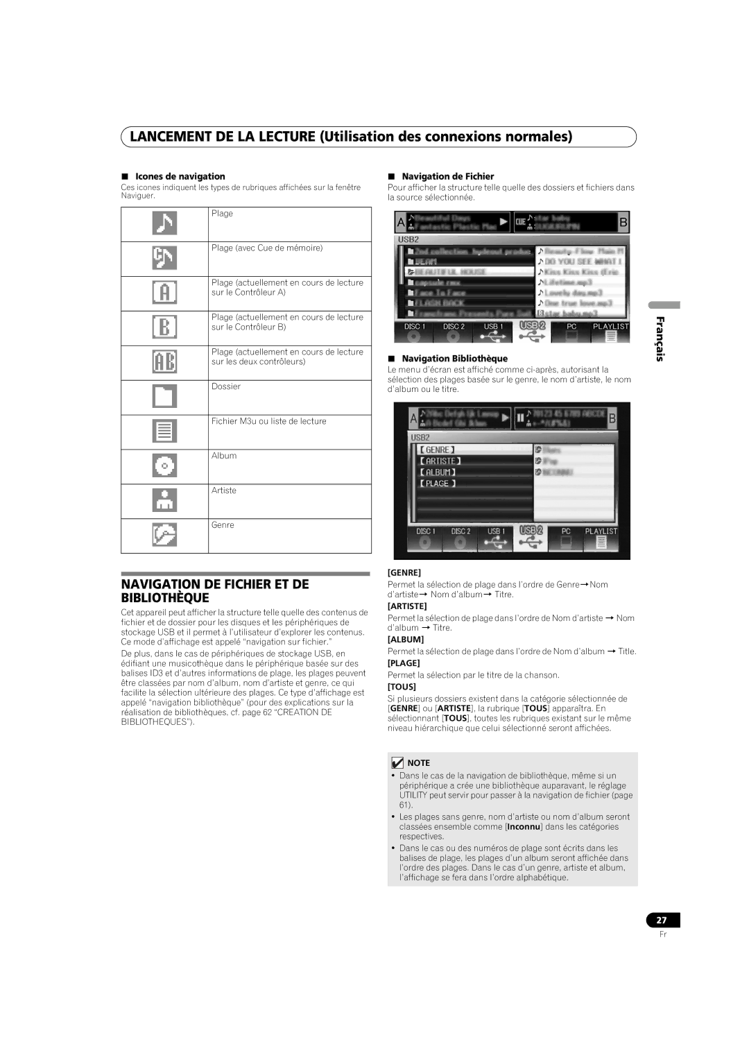 Pioneer MEP-7000 Navigation DE Fichier ET DE Bibliothèque,  Icones de navigation  Navigation de Fichier 