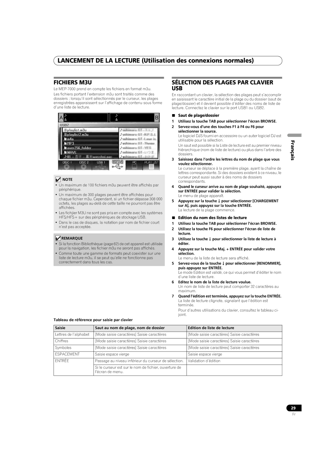 Pioneer MEP-7000 operating instructions Fichiers M3U Sélection DES Plages PAR Clavier, Usb,  Saut de plage/dossier 