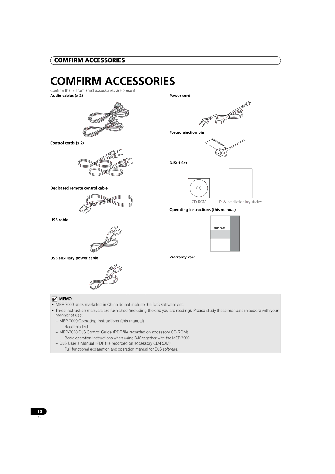 Pioneer MEP-7000 Comfirm Accessories, Audio cables x Power cord, Control cords x DJS 1 Set Dedicated remote control cable 