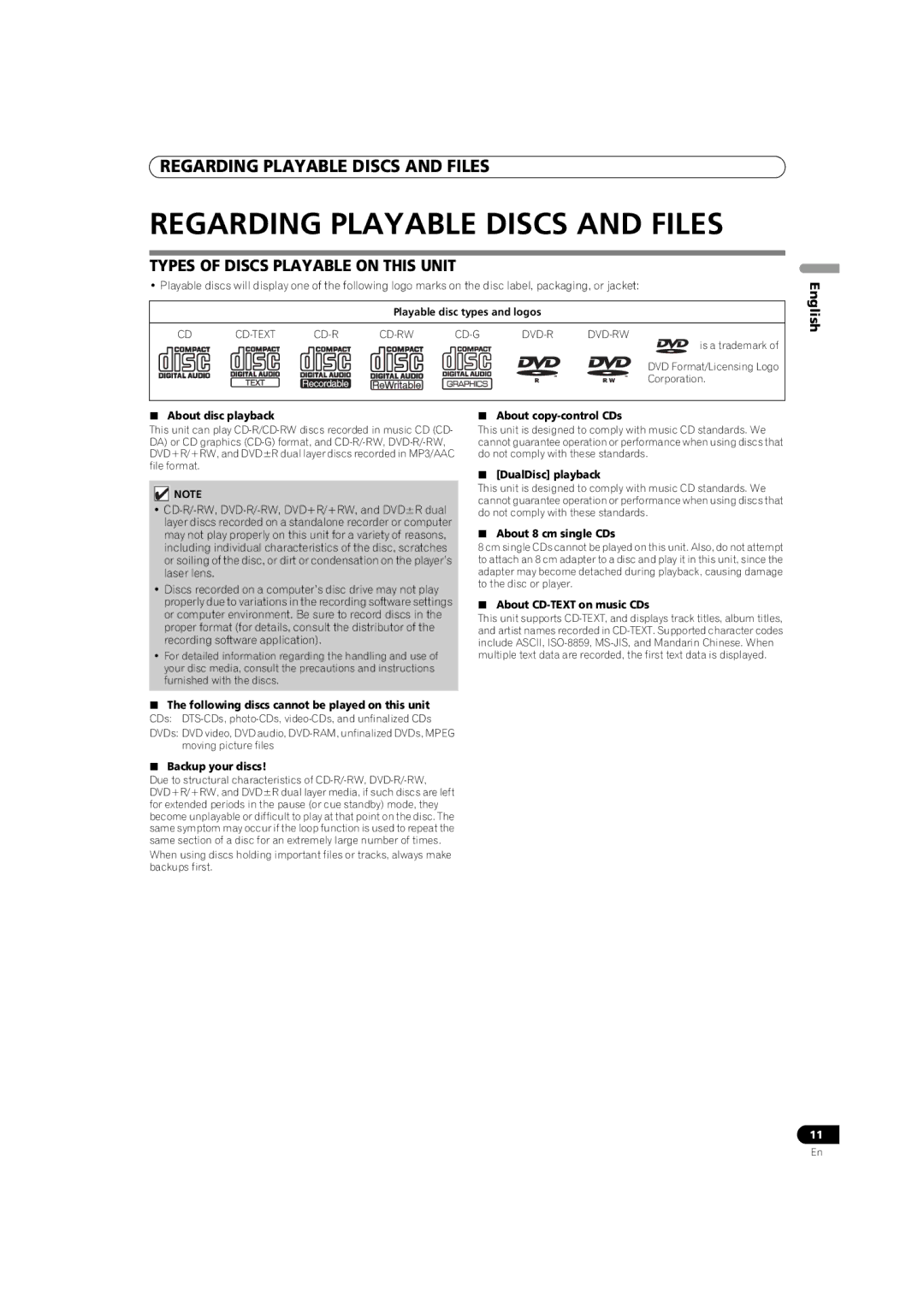 Pioneer MEP-7000 operating instructions Regarding Playable Discs and Files, Types of Discs Playable on this Unit 