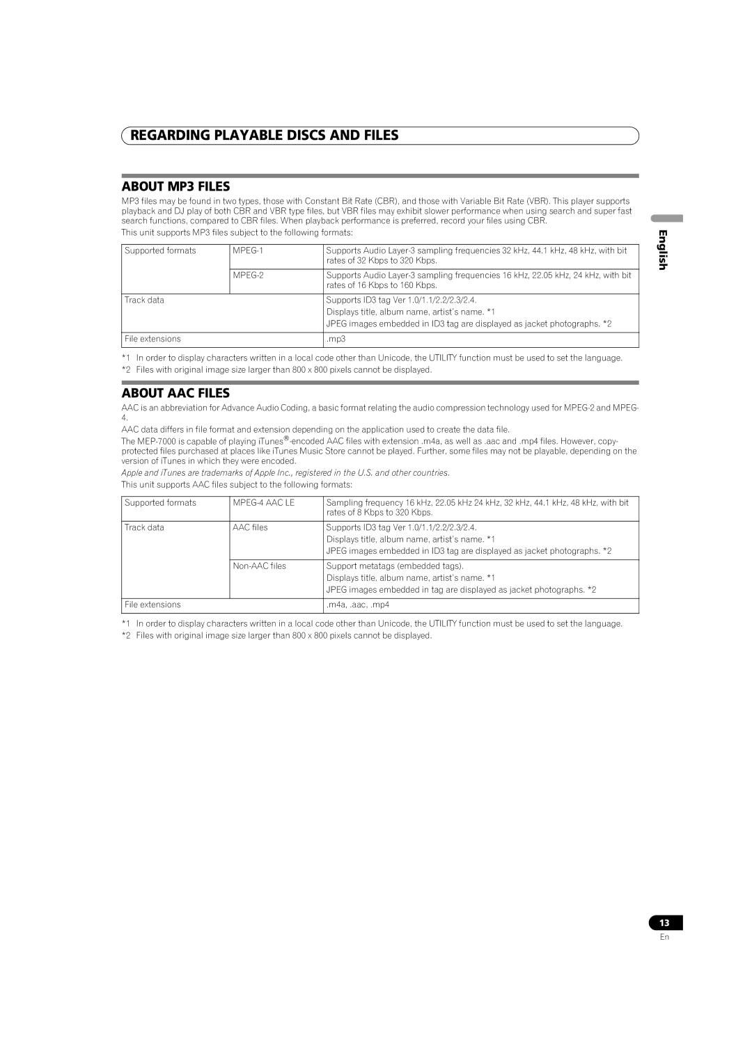 Pioneer MEP-7000 operating instructions About MP3 Files, About AAC Files, MPEG-1, MPEG-2, MPEG-4 AAC LE 