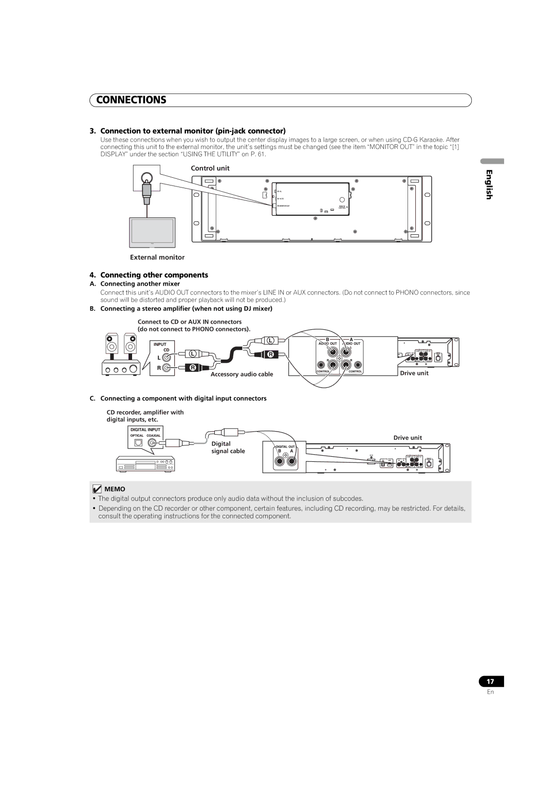 Pioneer MEP-7000 Connection to external monitor pin-jack connector, Connecting other components, Connecting another mixer 