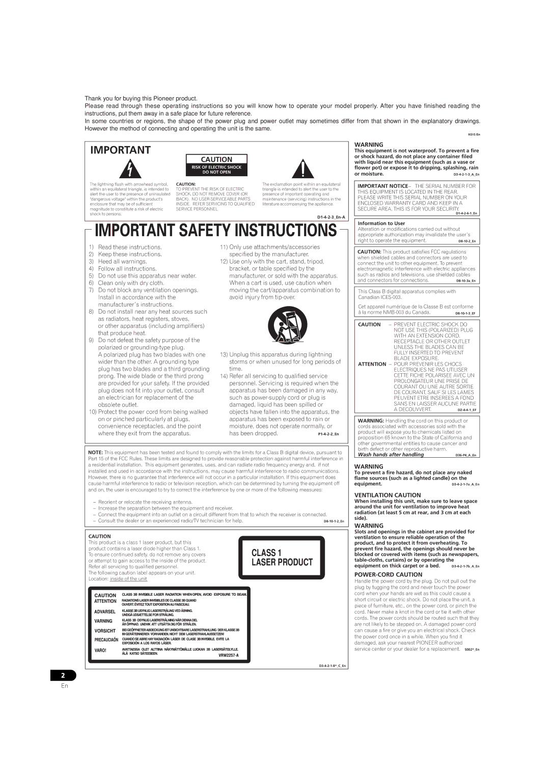 Pioneer MEP-7000 operating instructions Class 