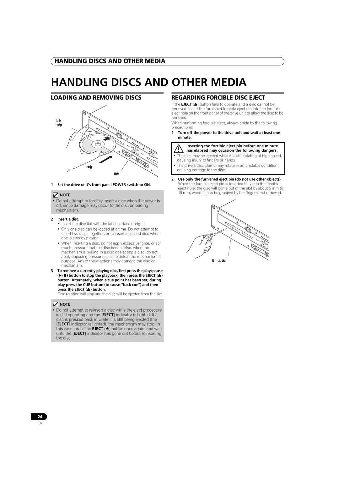 Pioneer MEP-7000 operating instructions Handling Discs and Other Media, Loading and Removing Discs, Insert a disc 