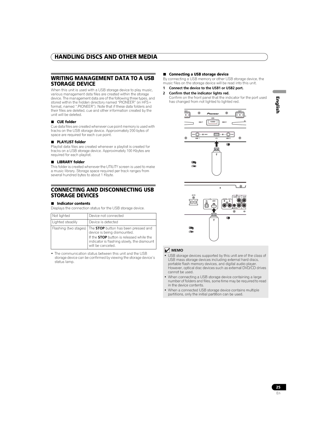 Pioneer MEP-7000 Writing Management Data to a USB Storage Device, Connecting and Disconnecting USB Storage Devices 