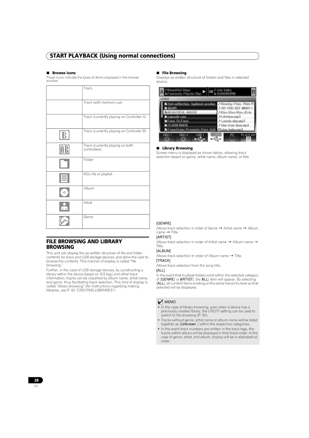 Pioneer MEP-7000 operating instructions File Browsing and Library,  Browse icons  File Browsing,  Library Browsing 