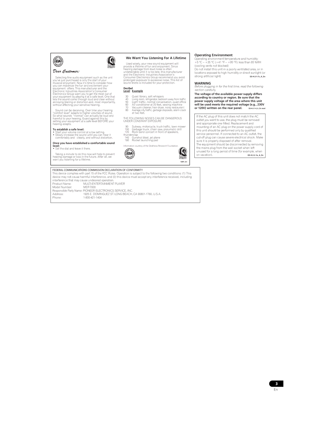 Pioneer MEP-7000 operating instructions Operating Environment 