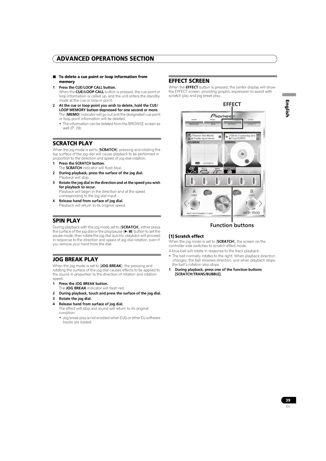 Pioneer MEP-7000 operating instructions Scratch Play, Effect Screen, Spin Play, JOG Break Play, Scratch effect 