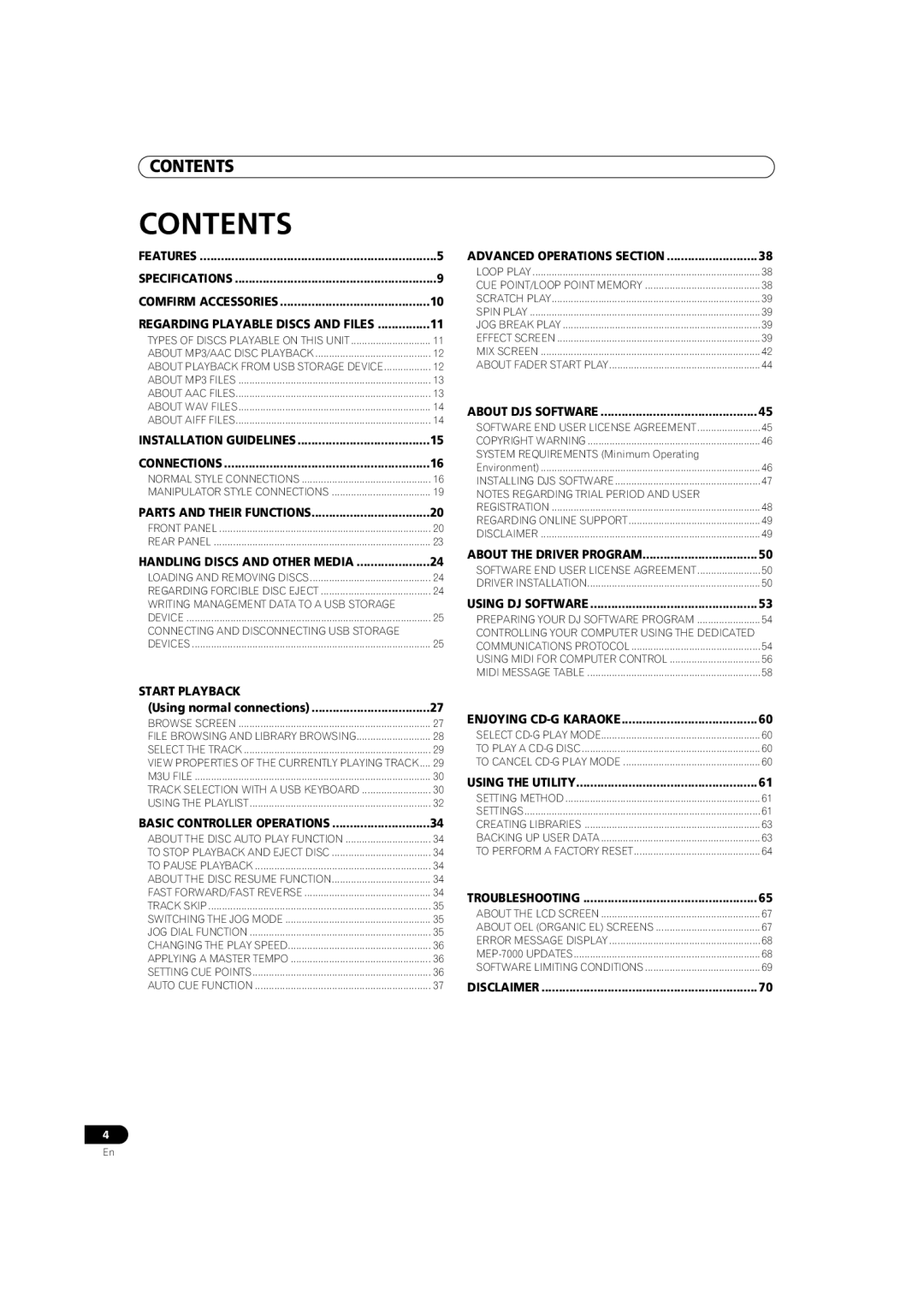 Pioneer MEP-7000 operating instructions Contents 