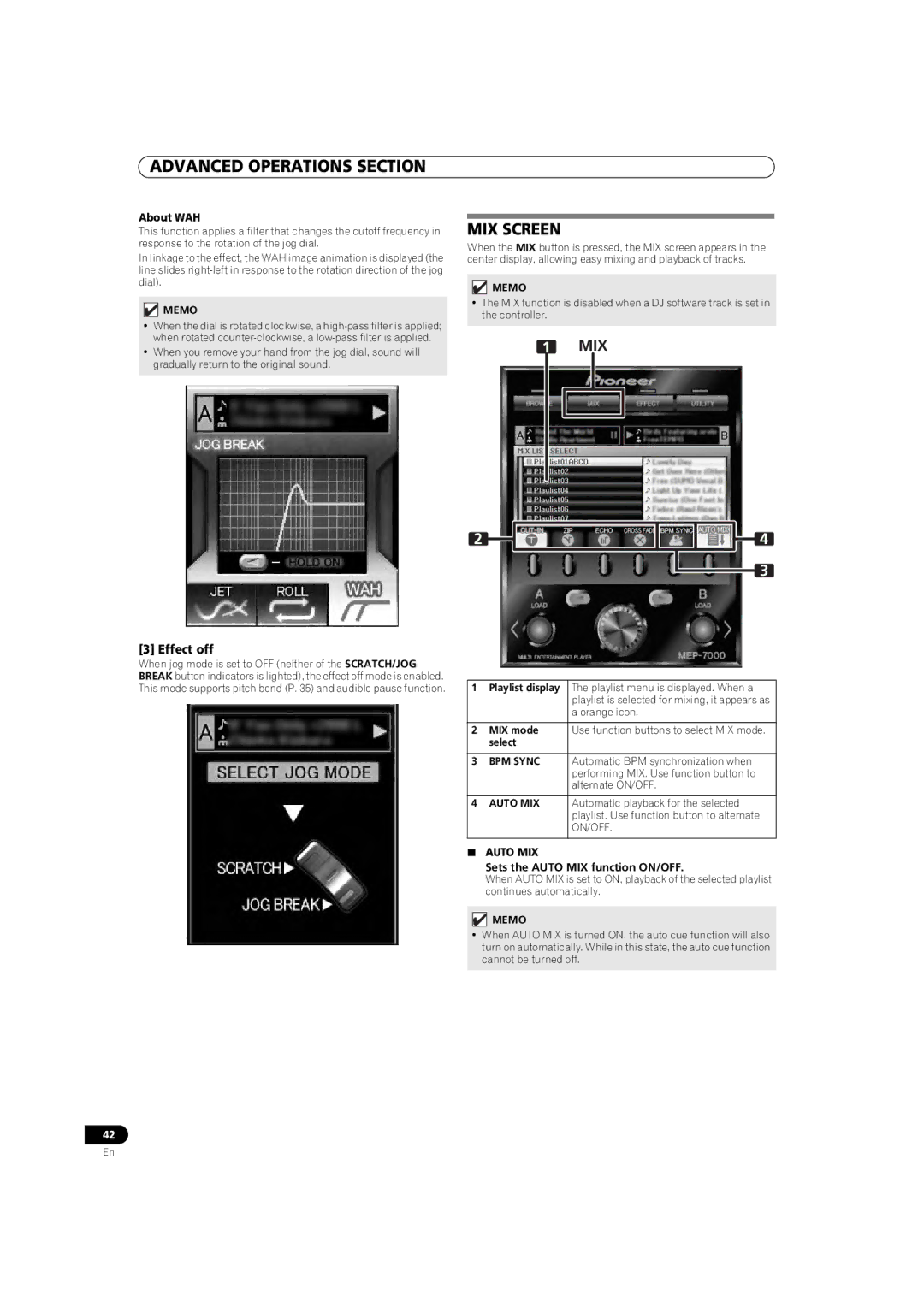 Pioneer MEP-7000 operating instructions MIX Screen, Effect off, About WAH, Sets the Auto MIX function ON/OFF 