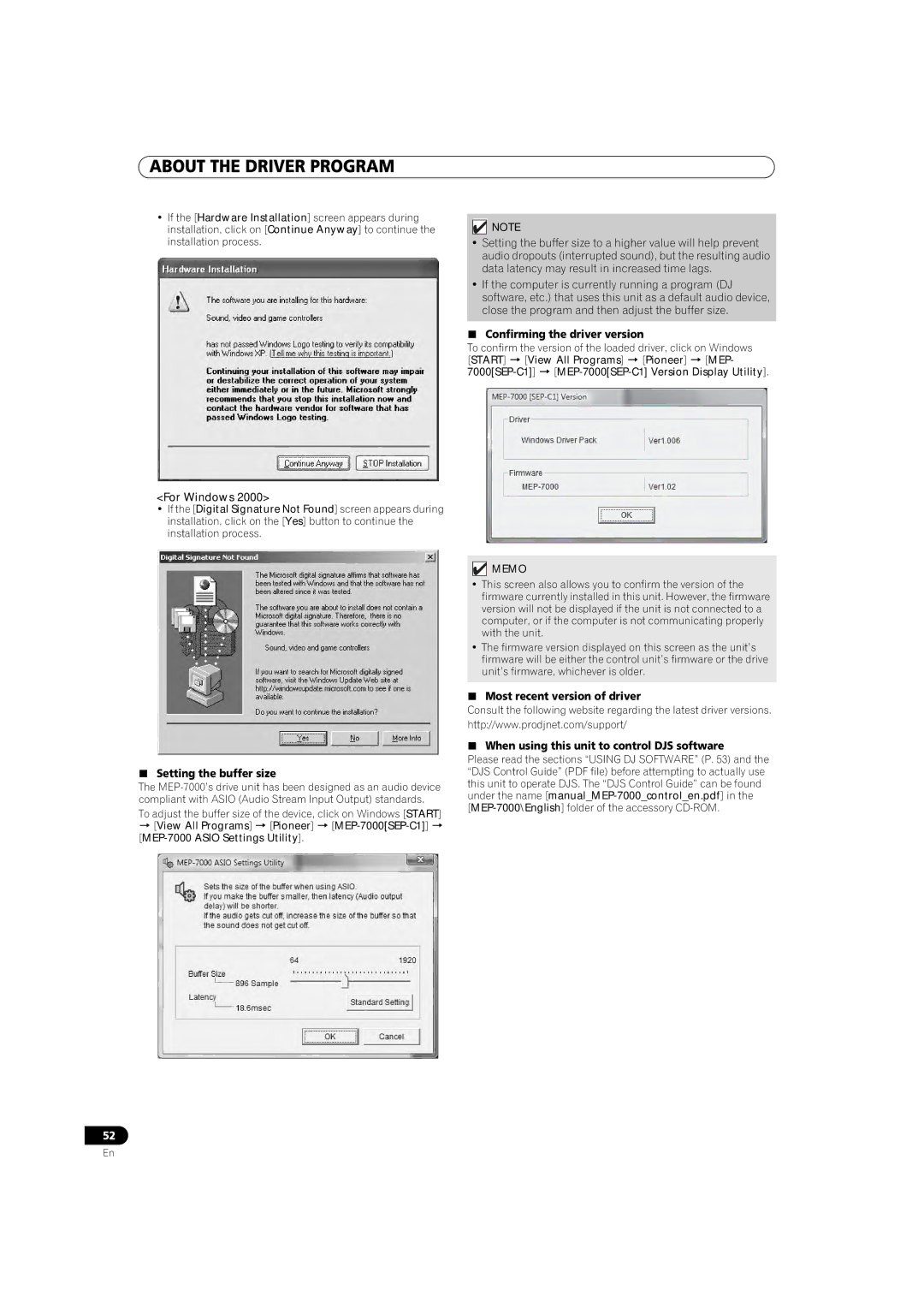 Pioneer MEP-7000 operating instructions  Setting the buffer size,  Confirming the driver version 