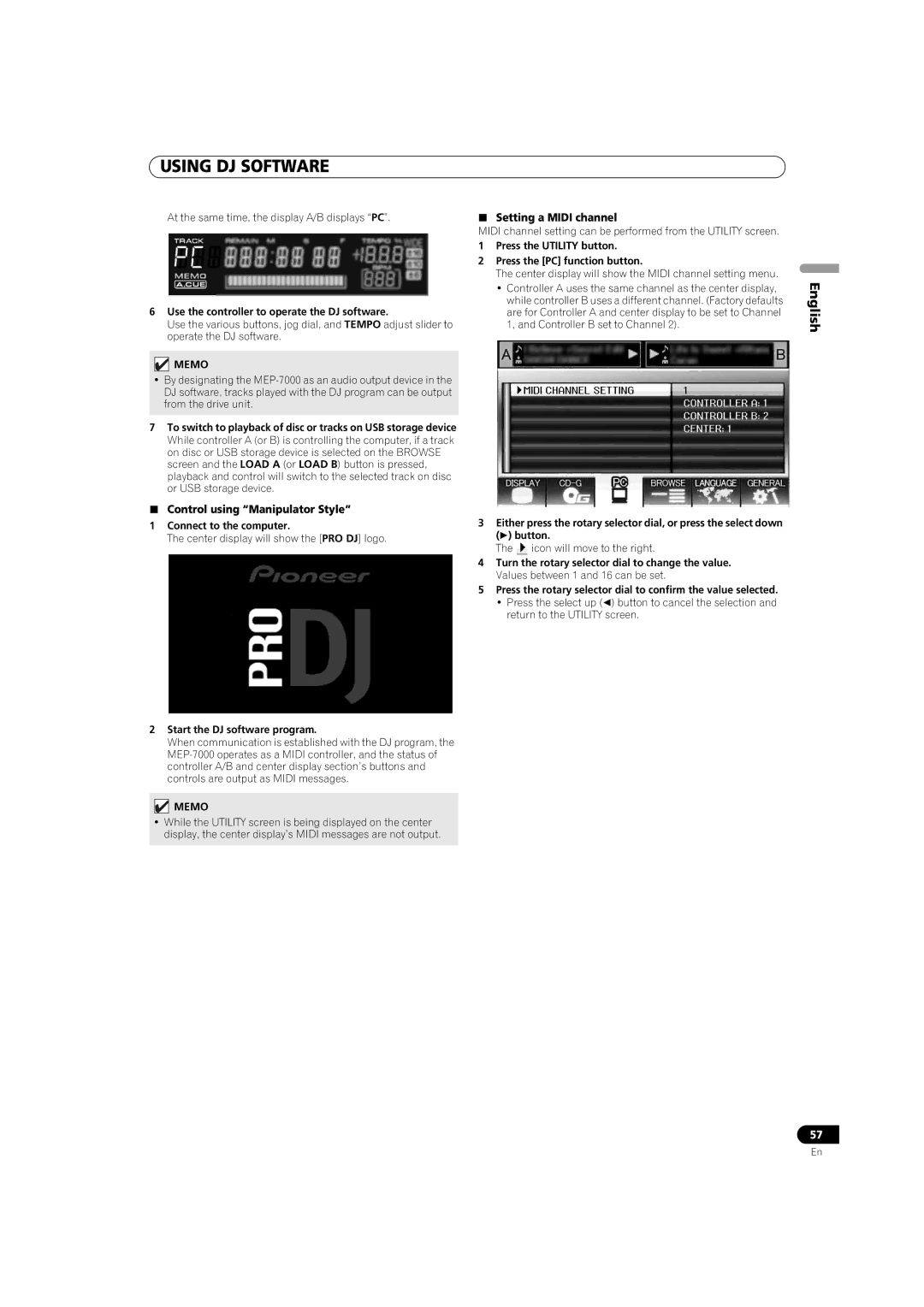 Pioneer MEP-7000  Setting a Midi channel, Press the Utility button Press the PC function button,  button 