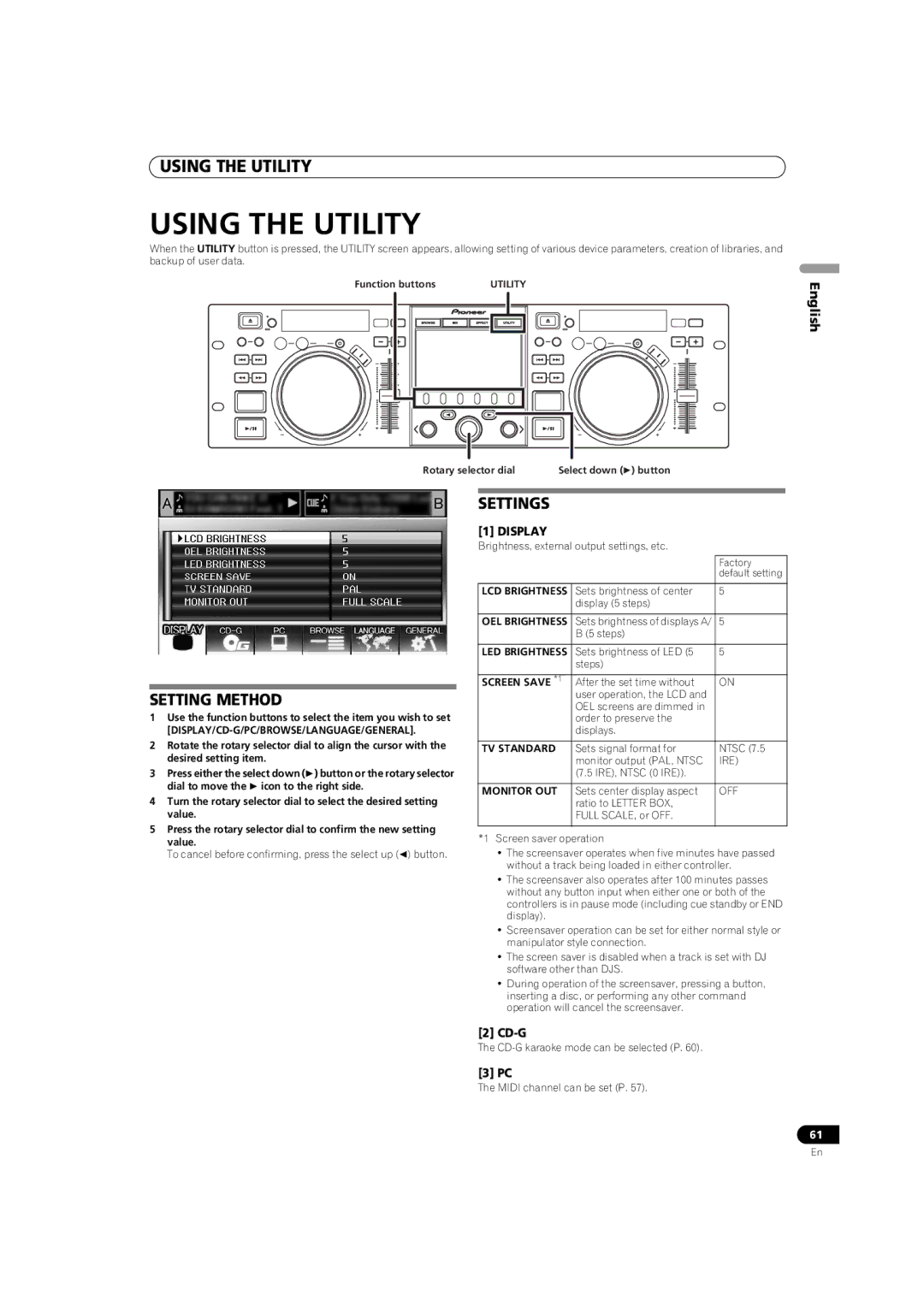 Pioneer MEP-7000 operating instructions Using the Utility, Setting Method, Settings, Cd-G 