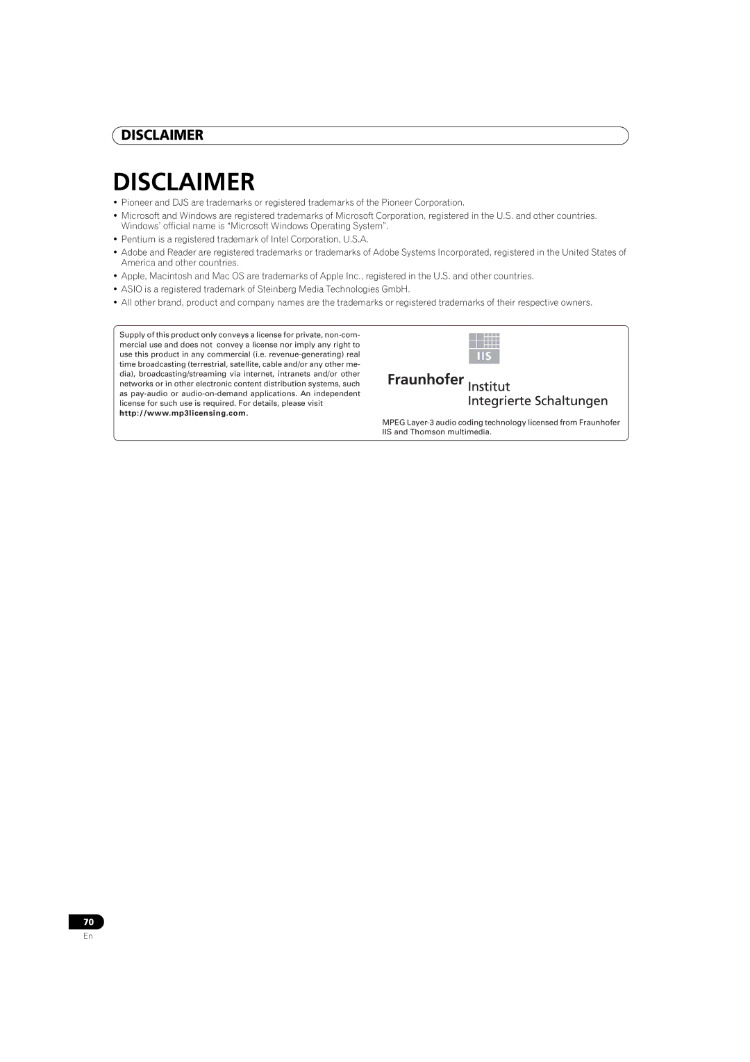 Pioneer MEP-7000 operating instructions Disclaimer 