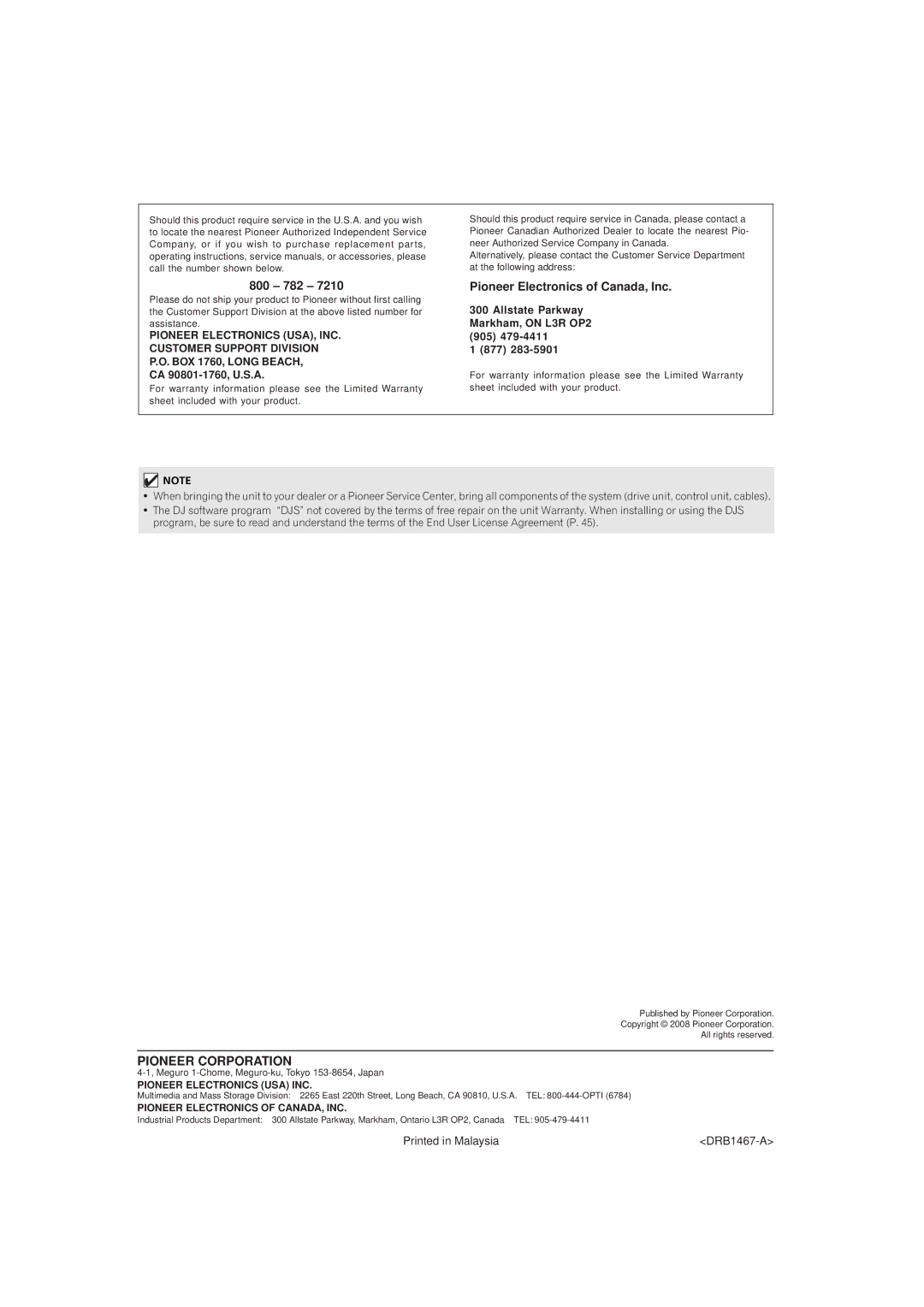 Pioneer MEP-7000 operating instructions Pioneer Corporation 