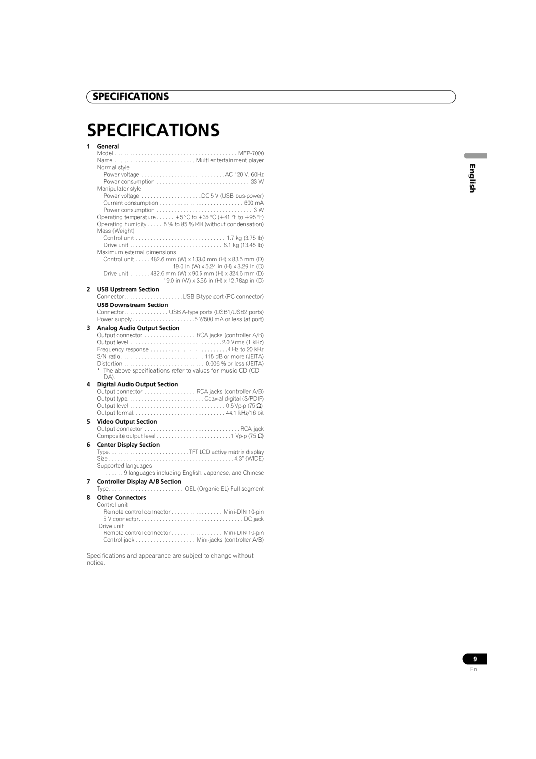 Pioneer MEP-7000 operating instructions Specifications 