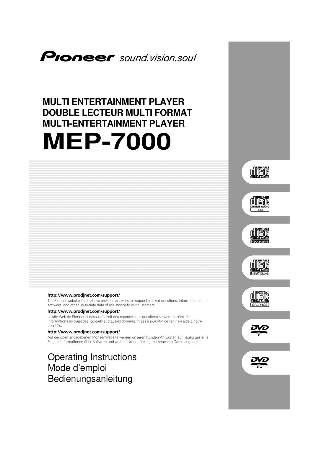 Pioneer MEP-7000 operating instructions Multi Entertainment Player, Operating Instructions 