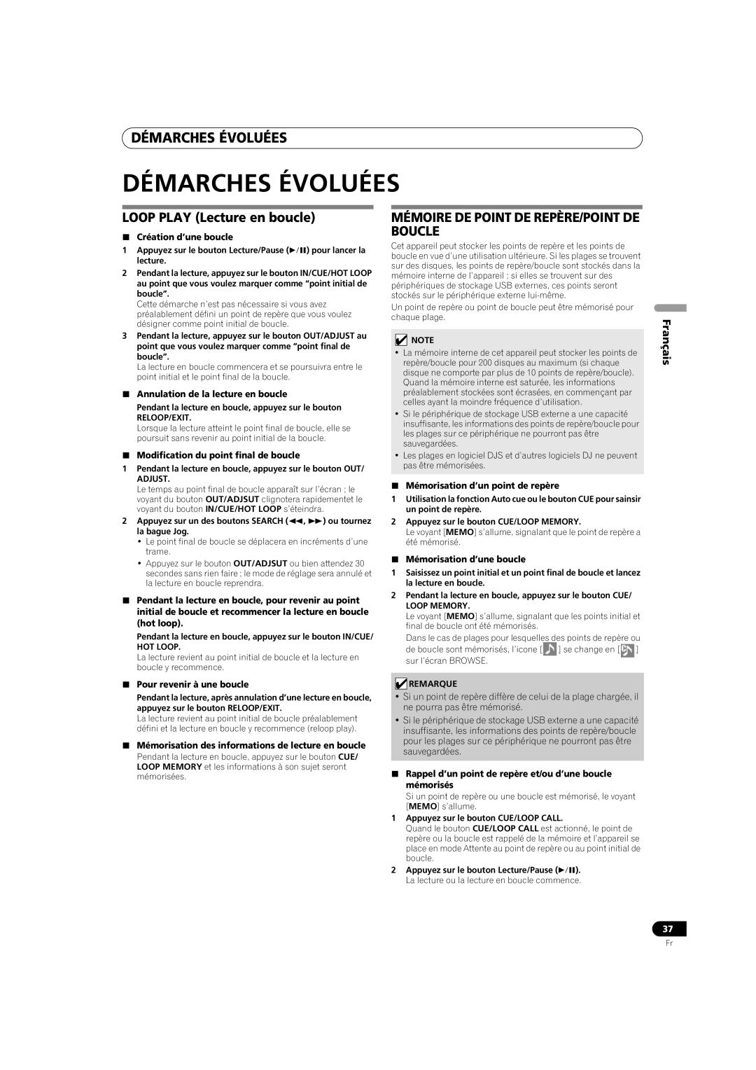 Pioneer MEP-7000 Démarches Évoluées, LOOP PLAY Lecture en boucle, Mémoire De Point De Repère/Point De Boucle, Français 