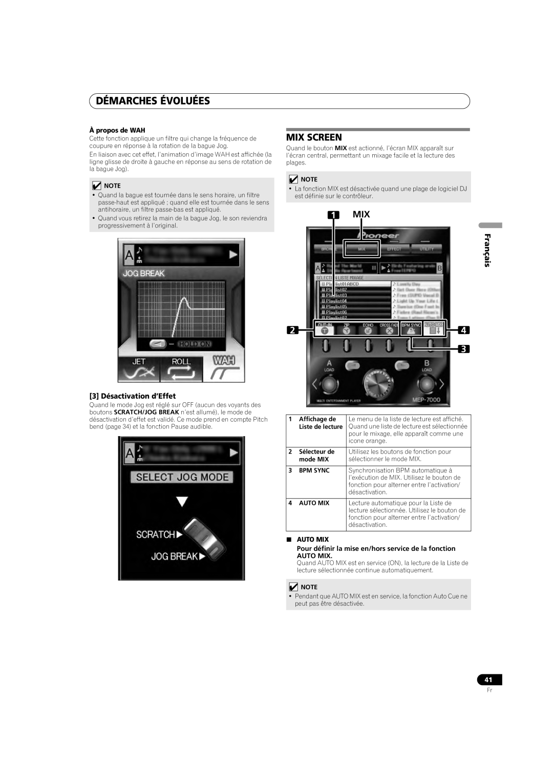 Pioneer MEP-7000 operating instructions Démarches Évoluées, Mix Screen, Français, À propos de WAH, Auto Mix 