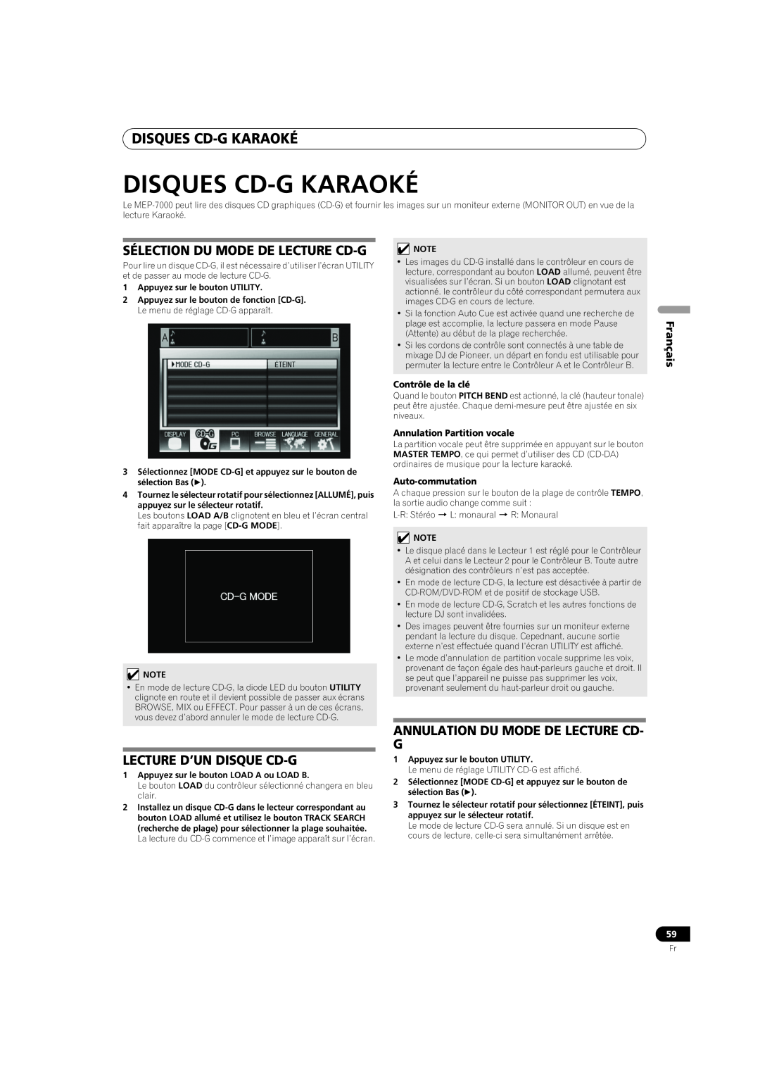 Pioneer MEP-7000 Disques Cd-Gkaraoké, Sélection Du Mode De Lecture Cd-G, Lecture D’Un Disque Cd-G, Français 