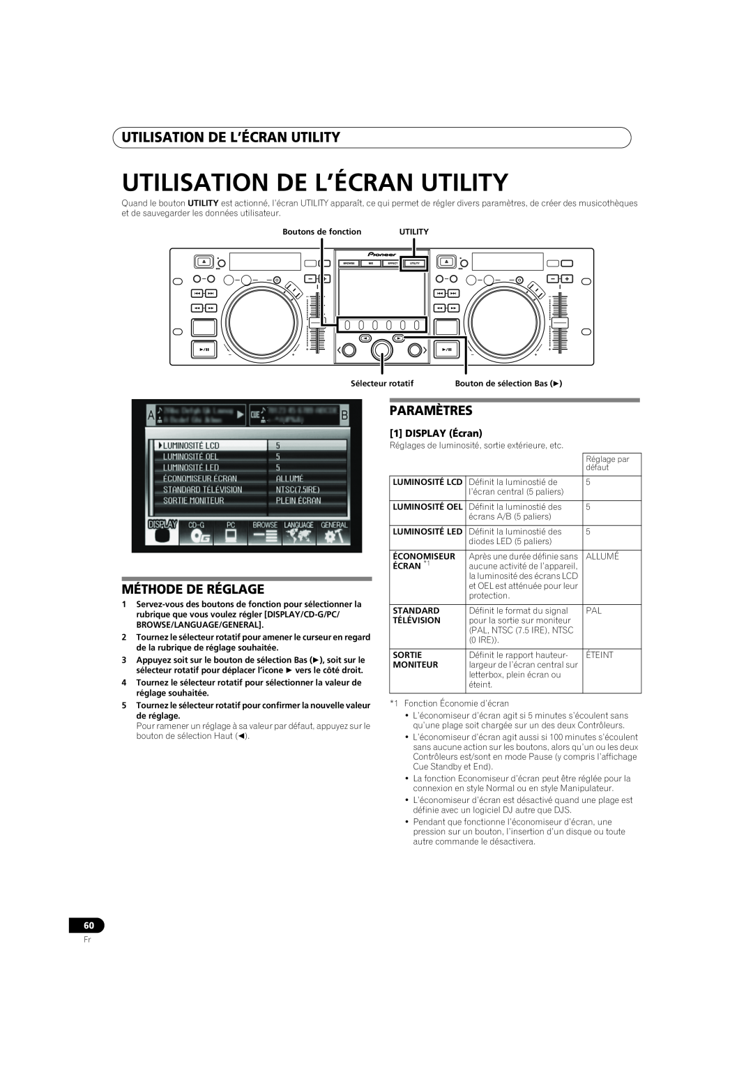 Pioneer MEP-7000 operating instructions Utilisation De L’Écran Utility, Méthode De Réglage, Paramètres 