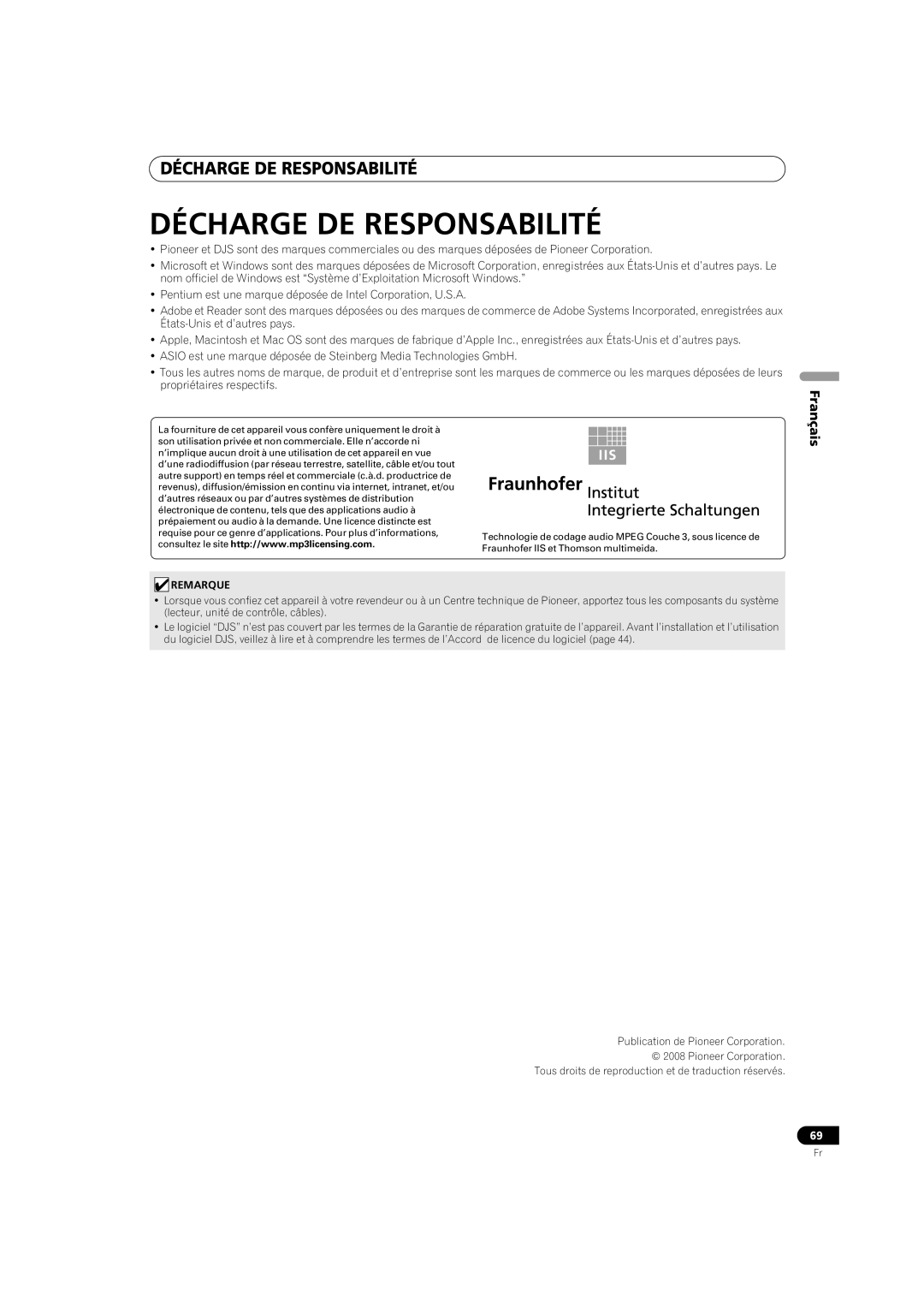 Pioneer MEP-7000 operating instructions Décharge De Responsabilité, Français 